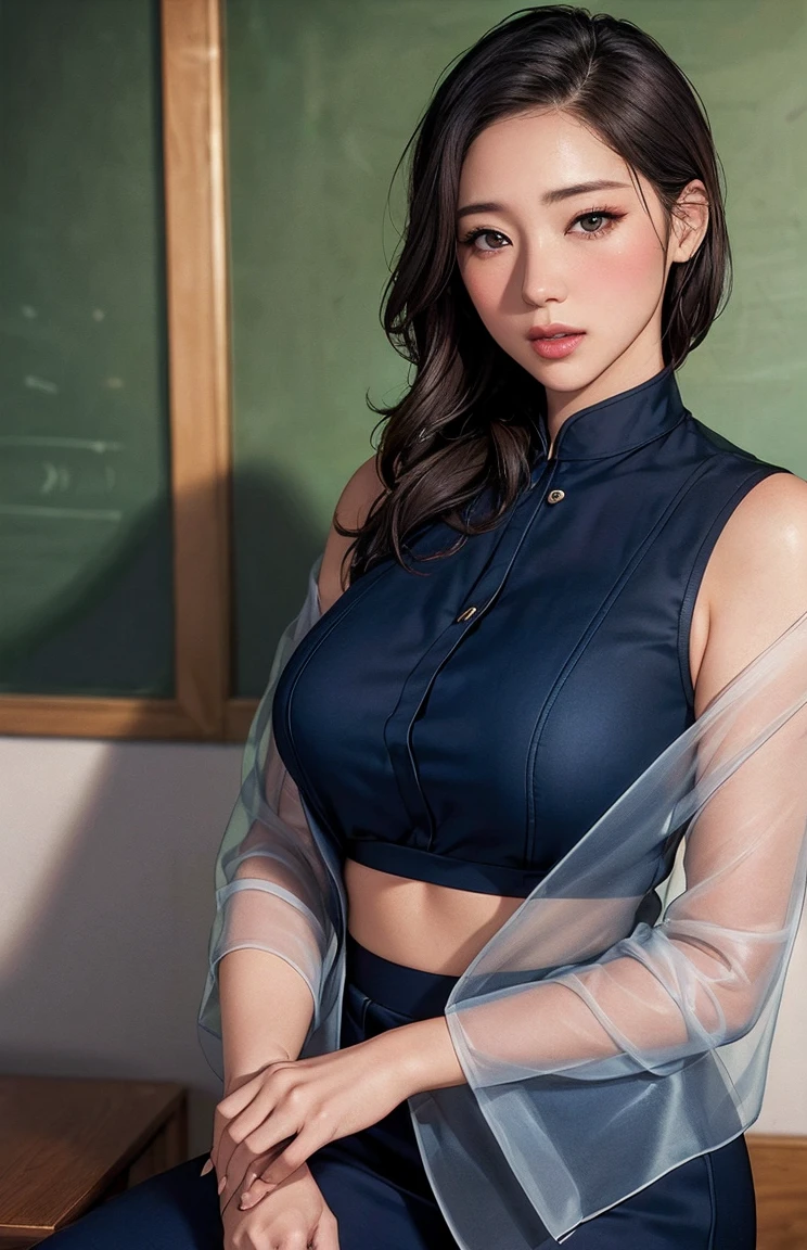 Masterpiece, High Definition, High Quality, Detailed Face, Detailed Body Rendering, 1Girl, Solo, Hinata Hinata Very Huge Tits, Fishnet Jacket, Dark Lips, Unbuttoned Shirt, No Bra, Breasts Out No Panties, Standing, Blushing, (in bedroom)