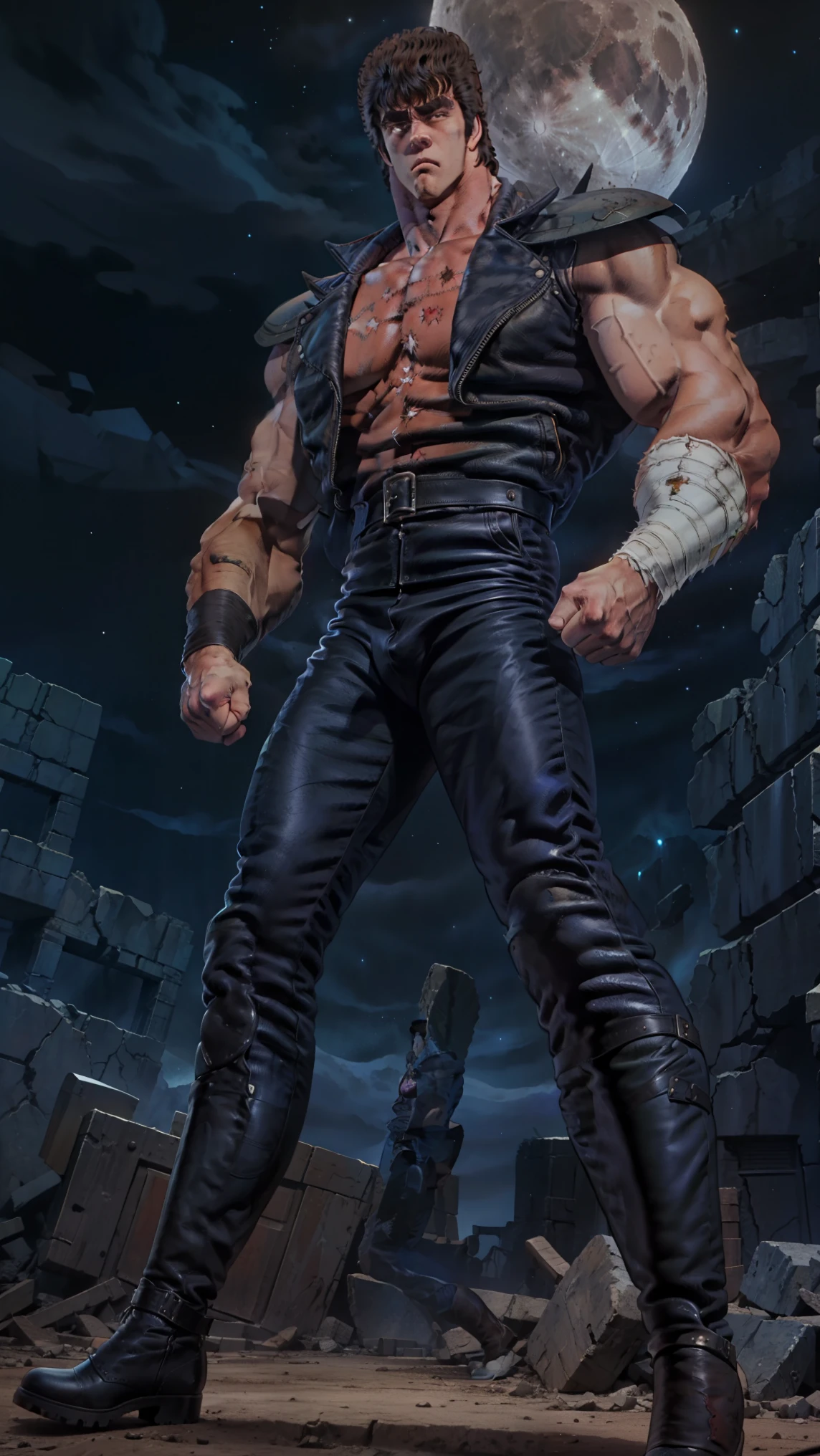 8k images、Realistic、Kenshiro of Fist of the North Star(:1.5)、Muscular、Fearless Face、Bad mood、Clear eyes、look down、Looking down、Blue-black leather jacket、red_wear an undershirt、、ruins、strobe、Photograph from the feet up、Combative posing、Standing、Intimidation、Giant Moon、Leather boots、