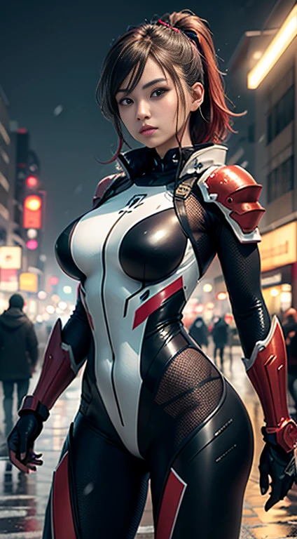 ((Best Quality)), ((Masterpiece)), (detailed), anime girl, short red hair, exposed nipple, black futuristic tactic, tactical assault weapon, tactical equipment, angry, bothers, hull, special mission, At night, City, strong rain, in focus, Shooting robots, con hull tactico