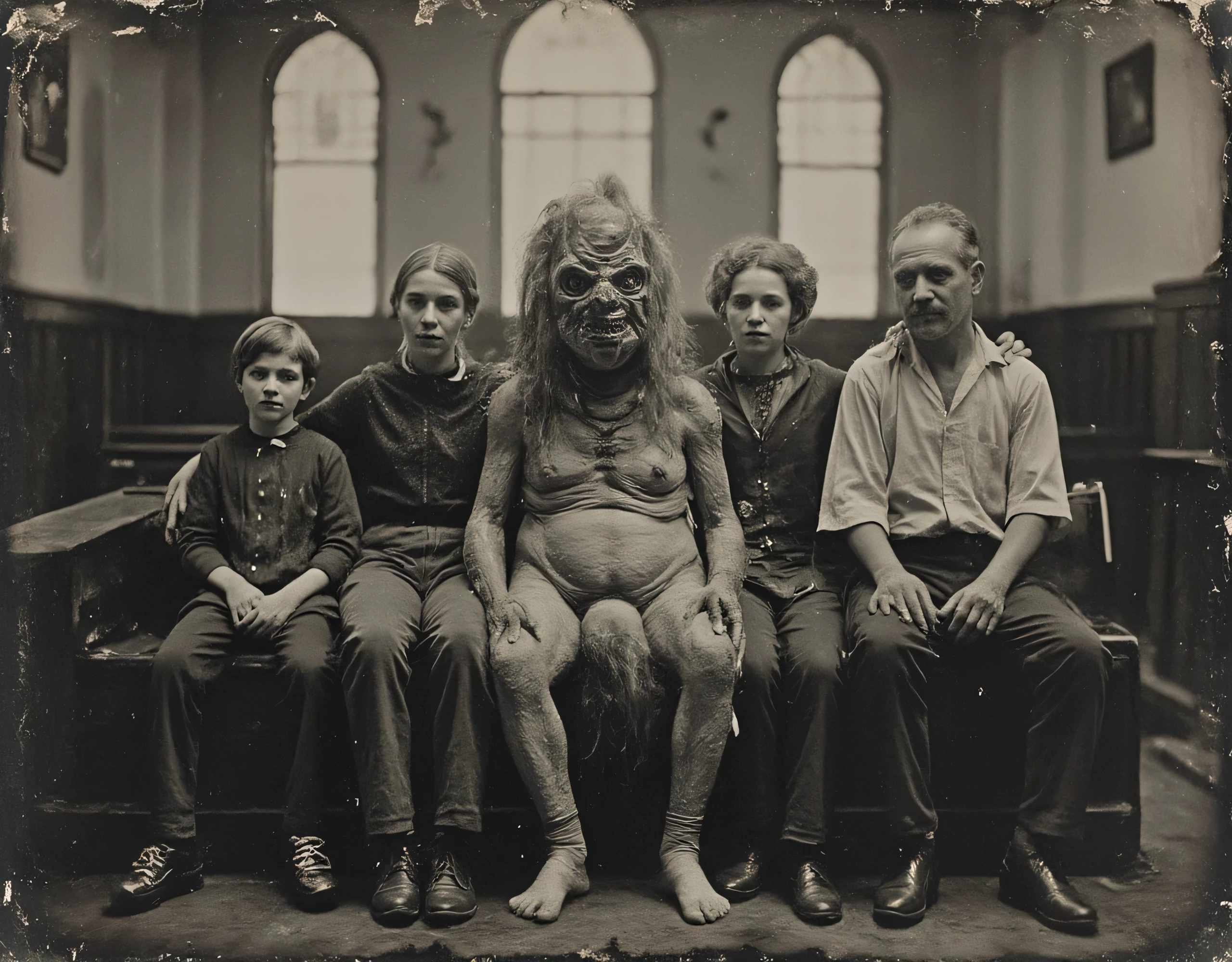 safe_pos, (score_9, score_8_up:1.1), score_7_up, photorealistic, rating:explicit daguerreotype photo of a horrifyingly grotesque disgusting monster creature sitting with a family inside a church, masterpiece,, , absurdres, masterpiece,, Expressiveh choker, anklets, pubic-hair, flux-style ((masterpiece, Highest quality, Best image quality, High resolution, Realistic, RAW Photos, 8k, Highly detailed)) 4lch3my_l4b CyberRealistic_Negative_PONY