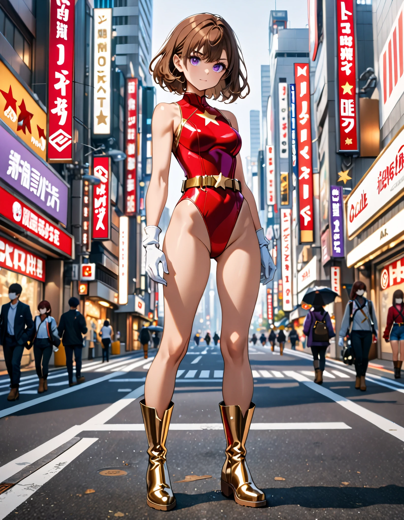 ((masterpiece)), ((best quality)), ((highres)), 1girl, solo, superhero, bare legs, (leotard), hands on hip, city backdrop
