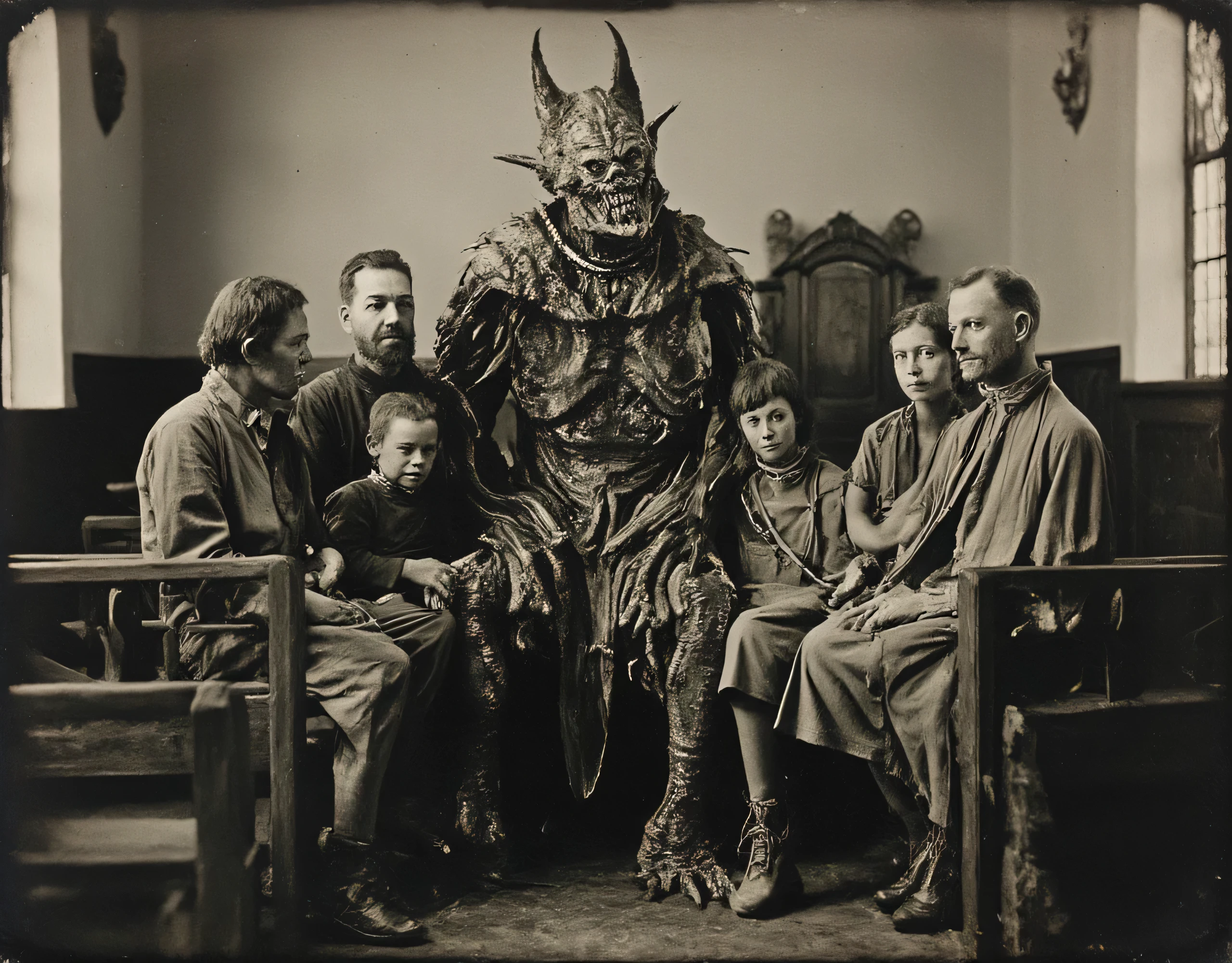 safe_pos, (score_9, score_8_up:1.1), score_7_up, photorealistic, rating:explicit daguerreotype photo of a horrifyingly grotesque disgusting monster creature sitting with a family inside a church, masterpiece,, , absurdres, masterpiece,, Expressiveh choker, anklets, , flux-style ((masterpiece, Highest quality, Best image quality, High resolution, Realistic, RAW Photos, 8k, Highly detailed)) 4lch3my_l4b CyberRealistic_Negative_PONY