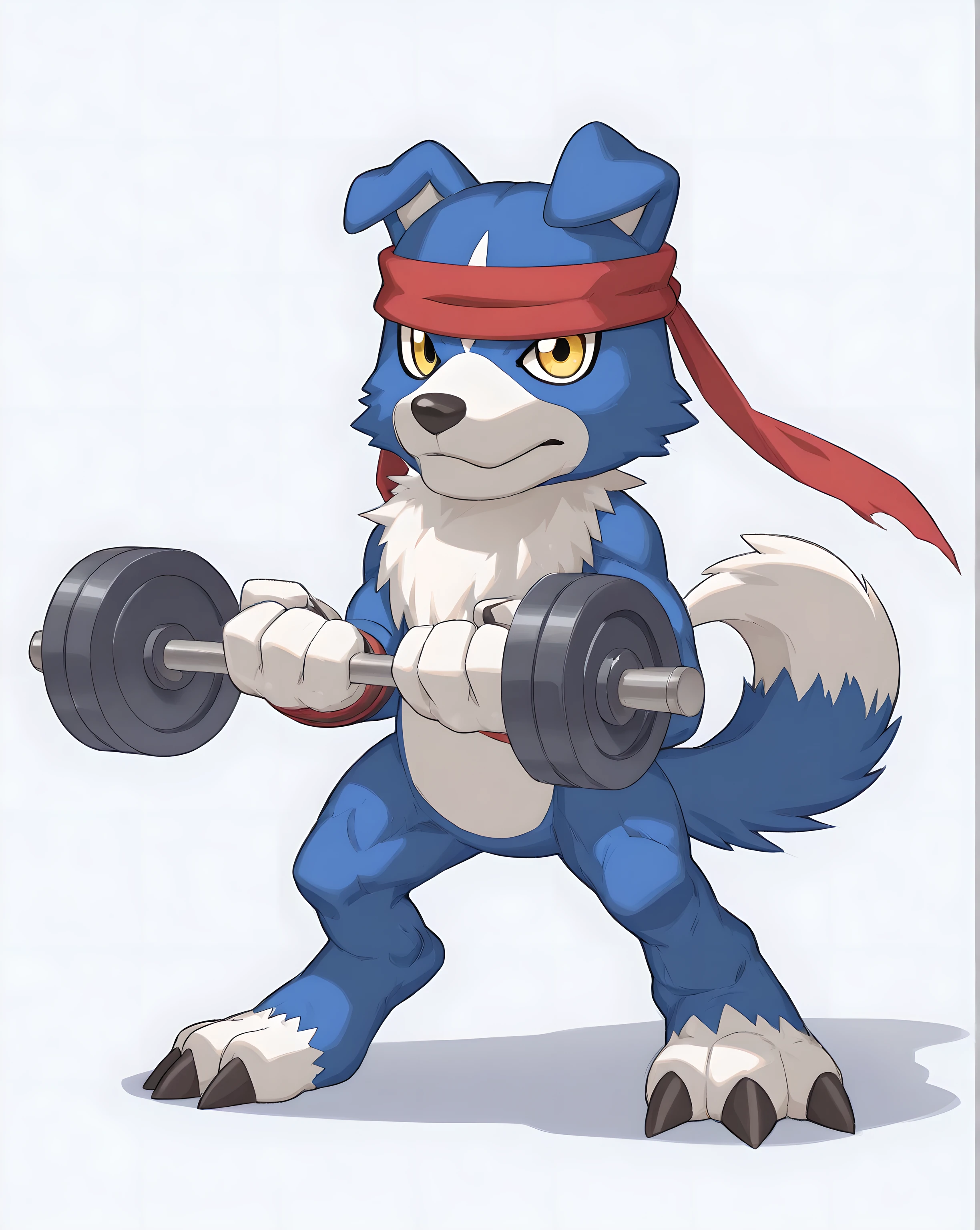cartoon, gaomon (character), digimon (creature), dog boy, blue body, headband, yellow eyes, bare hands, white background, white floor, detailed, full body, flat color, confident, strong posture, wide stance, standing, front view, wide stance, looking at viewer, lifting weights, barbell,