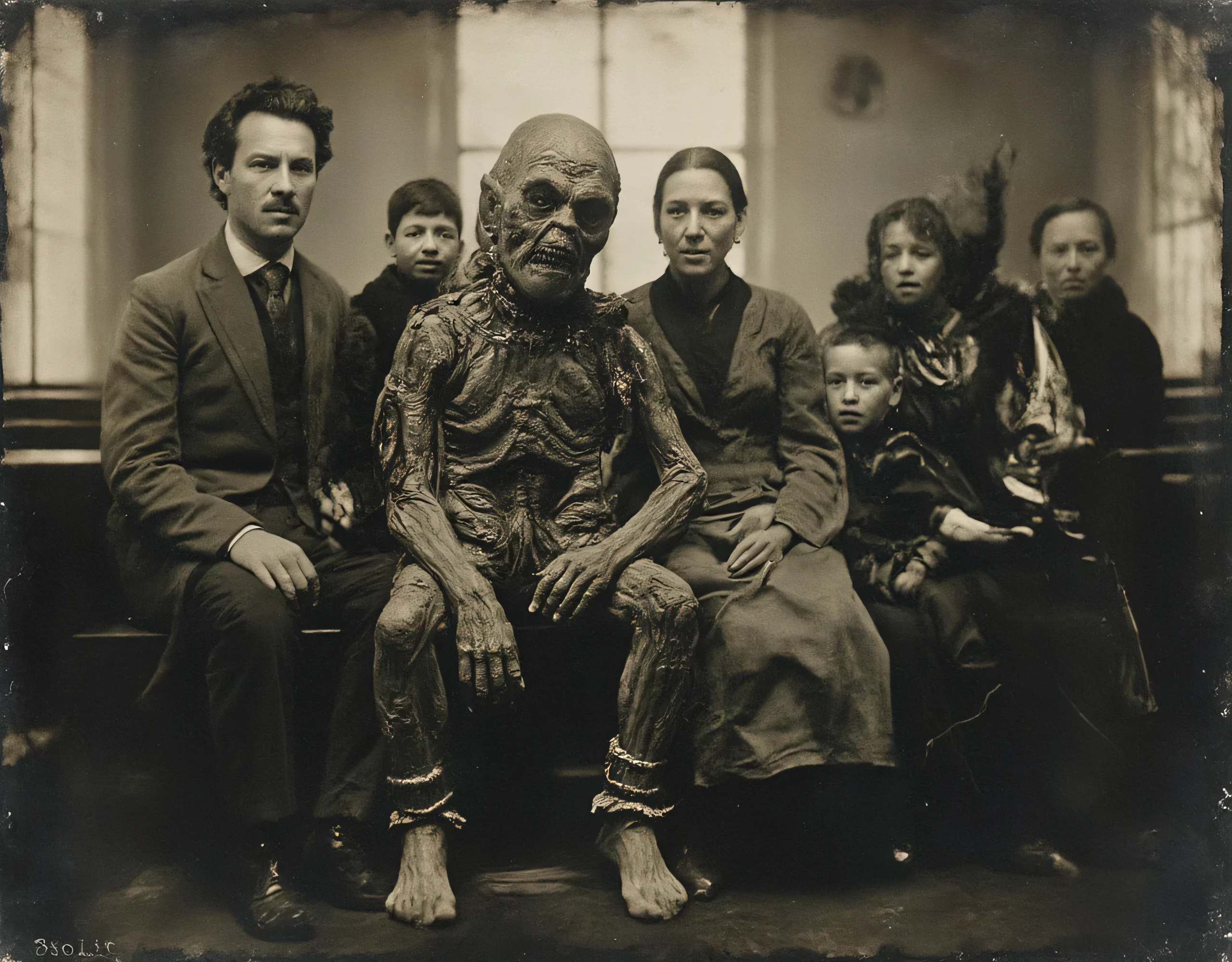 safe_pos, (score_9, score_8_up:1.1), score_7_up, photorealistic, rating:explicit daguerreotype photo of a horrifyingly grotesque disgusting monster creature sitting with a family inside a church, masterpiece,, , absurdres, masterpiece,, Expressiveh choker, anklets, , flux-style ((masterpiece, Highest quality, Best image quality, High resolution, Realistic, RAW Photos, 8k, Highly detailed)) 4lch3my_l4b CyberRealistic_Negative_PONY