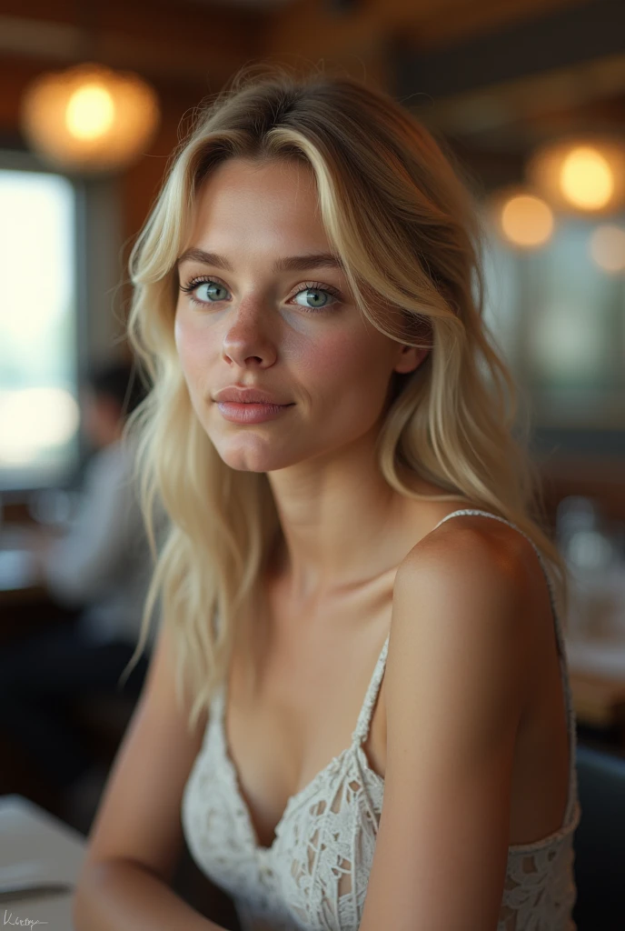 Belle fille européenne aux yeux bleus et aux cheveux blonds, au restaurant, avec des gens en arrière plan, photo par devant, habillé de manière normal ultra Haute résolution, (photoréaliste: 1.4), Haute résolution , (finely détaillé skin), (yeux bleus), (Des proportions parfaites) (Photos réalistes) (chef-d'œuvre) (photoréaliste), ultraréaliste (meilleure qualité) (détaillé) Photographié avec un Canon EOS R5, objectif 50 mm, F/2.8, (8k) (fond d'écran) (Éclairage cinématographique) (éclairage dramatique) (complexe) mode