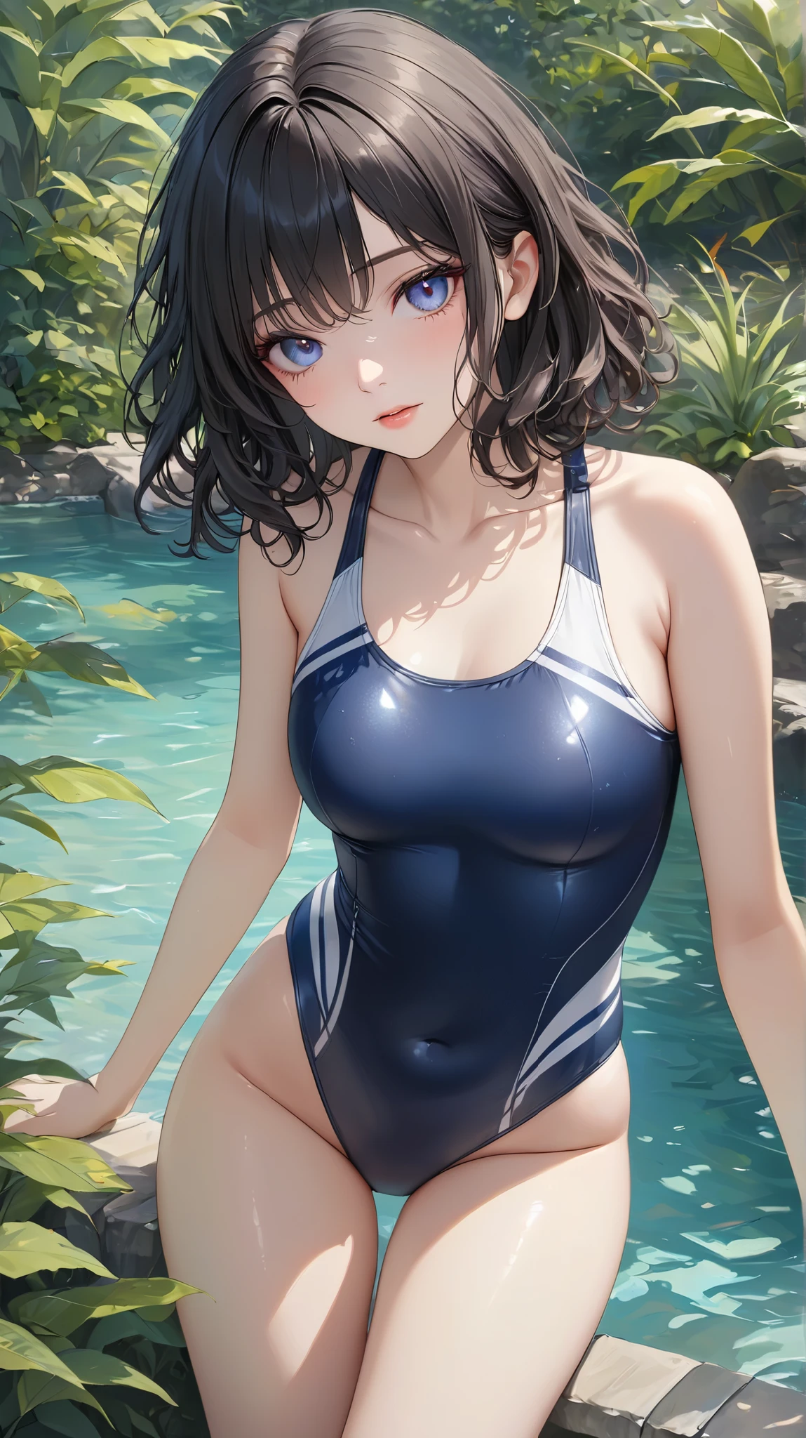 ((masterpiece,best quality,ultra detailed,high resolution)),(daytime,clear weather,bloom,front-light),((solo)),looking viewer,((beautiful-girl)),(black hair),(beautiful detailed face,beautiful detailed eyes),(finely detailed skin,fair skin),slender,light smile,shy,(one-piece competition swimsuit,blue-swimsuit,impossible clothes),(on the beautiful lake,beautiful sky),((cowboy shot)),(medium-breast,perky-breast,big-hip),(cameltoe),(puffy nipples:0.8)