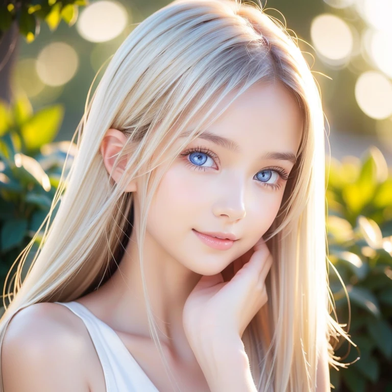 bright look、photorealism、teen, posing topless, highest quality、Super high resolution、The most beautiful Nordic girls photos、cute and beautiful face details、small face、、big breasts、Slender、15 years old, Crystal clear white skin、big light blue eyes、long straight hair, 32C breasts, nice smile, up close focus on breasts,