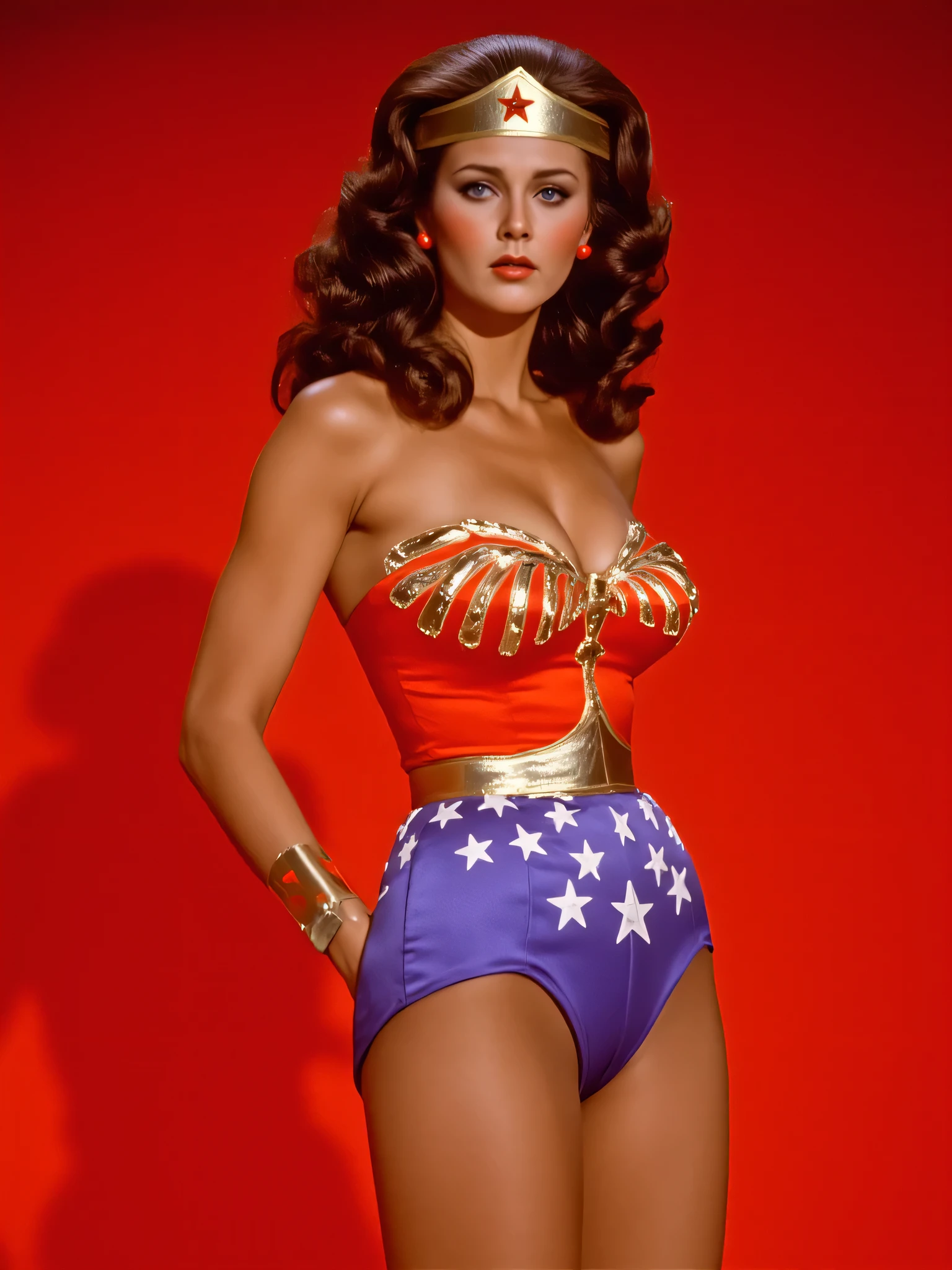 8k, best quality, real picture, photo of young beautiful perfect Lynda Carter as Wonder Woman, scene from tv show, glossy lips open mouth expression as she's standing cute legged with feet shy turning inward and resting her hand on her shorts, photoshoot, angle gazing view in a red background studio, thin tiny waist arched up, solo, best quality, realistic, photorealistic, (intricate details:1.2), (delicate detailed), (dark lighting) clear line, sharp focus, realistic face, detailed face,unity 8k wallpaper, ultra high res, (photorealistic:1.4), looking at viewer, w0nd3r woman