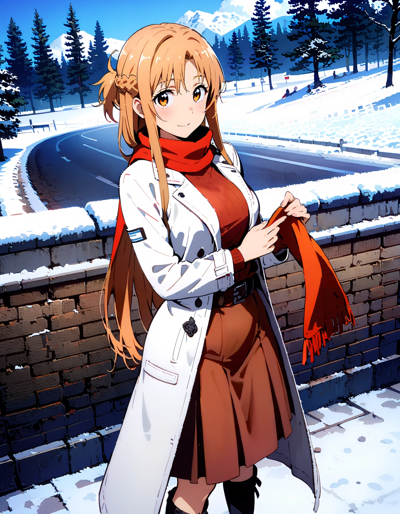 Asuna Yuki , bangs,Alone, braided, Hair, brown eyes,single braided,Medium breast,smile,blush, open their mouths, red scarf,White Down Coat , ( sweater :1.2),( turtleneck:1.2), long skirt , boots, standing,snow,whole bodyがイラストに入るように, break looking at viewer,whole body, break outdoors, Around town, break ( Masterpiece:1.2), top quality , kampala,unity 8k wallpaper,(shape:0.8),( fine, beautiful eyes :1.6),It's a person ,whole body写真,CG Details , ( perfect hand, complete anatomy),