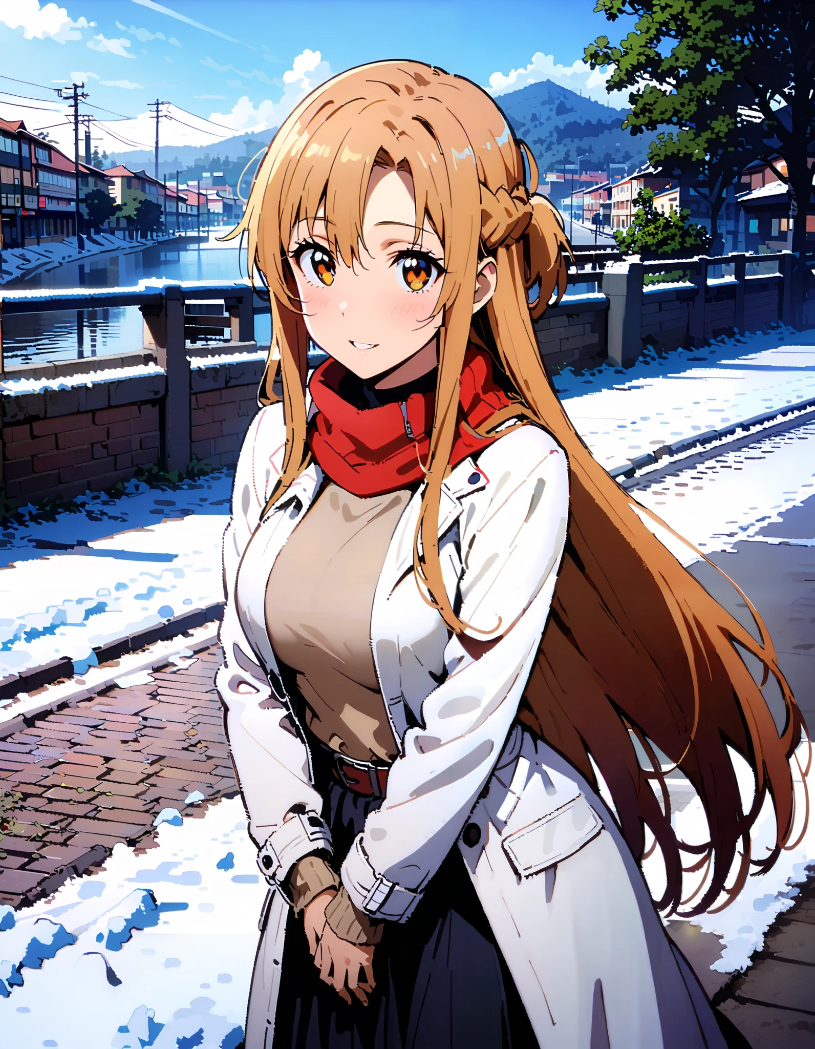 Asuna Yuki , bangs,Alone, braided, Hair, brown eyes,single braided,Medium breast,smile,blush, open their mouths, red scarf,White Down Coat , ( sweater :1.2),( turtleneck:1.2), long skirt , boots, standing,snow,whole bodyがイラストに入るように, break looking at viewer,whole body, break outdoors, Around town, break ( Masterpiece:1.2), top quality , kampala,unity 8k wallpaper,(shape:0.8),( fine, beautiful eyes :1.6),It's a person ,whole body写真,CG Details , ( perfect hand, complete anatomy),