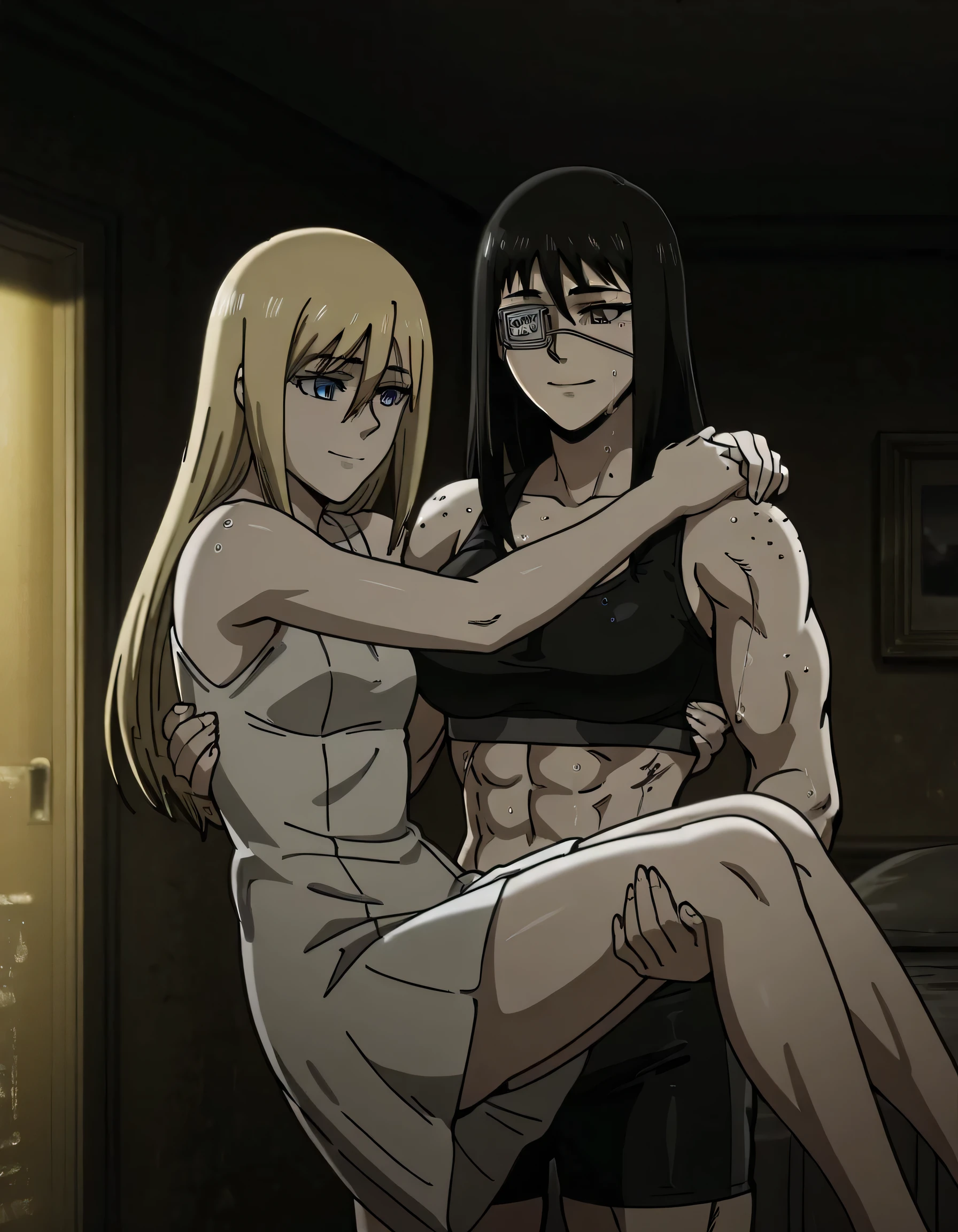 2girl,solo,mm,mature female,black hair,eyepatch, Valmet brown eyes, Valmet medium breasts,anime coloring,long hair, Valmet muscular,Valmet wearing a black sports bra and black tight sport shorts ,cowboy shot, ,masterpiece,best quality,amazing quality, Valmet pelvis muscles, Valmet muscles lines,Valmet with beautiful historia having a long blonde hair,historia reiss,historia soft body,lesbians,yuri, historia shorter than valmet,Valmet carrying historia in princess carry,historia back front Valmet,Valmet her arms Around Historia stomach,Valmet and historia light smile,,light trun off in room,Valmet ×historia,Valmet light smile,Irisviel white dress sleeveless,in night,wets,too wet,yellow light in room,dark room,historia hair between eyes,historia blue eyes,historia girl,bulge between valmet legs indicates she have a penis inside shorts,Valmet have a penis,historia short drees