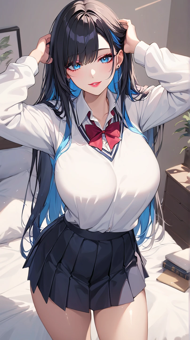 Long black hair that reaches the waist，Lilac eyes，Thin hair curtain，Two hair curtains on both sides，dishiveredhair，chiquita，Black sailor uniform school uniform，huge tit，White skin of the，with hands behind her back，light  smile，black lence stockings，Whole body diagram，Eye highlights，In school
