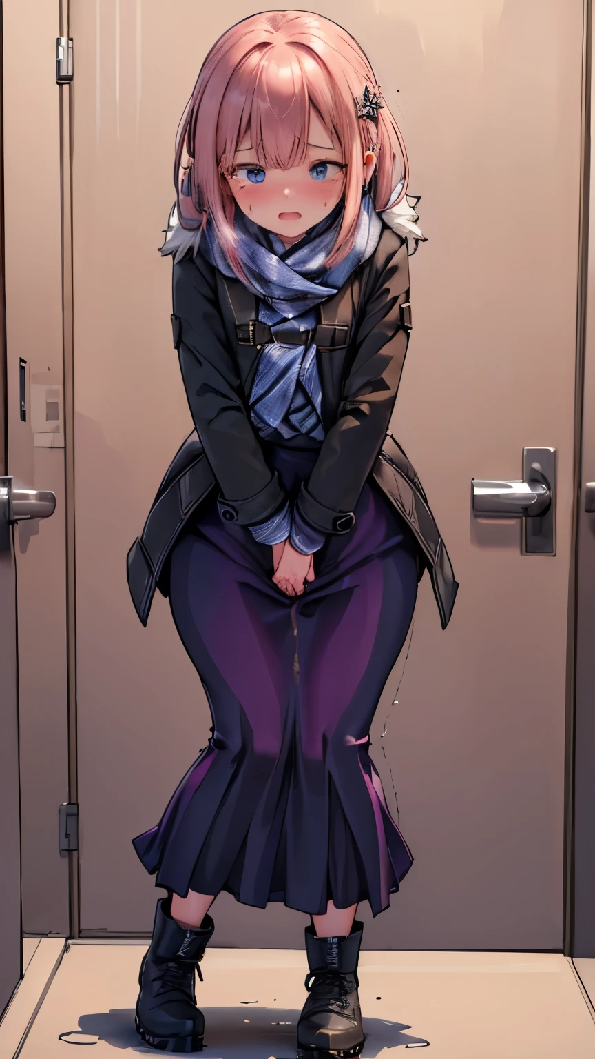 ((best quality, masterpiece:1.3, 8K)), (detailed), highly detailed face and skin texture, detailed eyes, downtown, full body, slender body, 1girl, 25 years old, white skin, blue eyes, worried, embarrassed, long hair, (forehead:0.8), (stylish top:1.2, denim pants, blue jeans), footwear, peeing jeans, peeing pants, pee stain, (wetting herself), desperation,