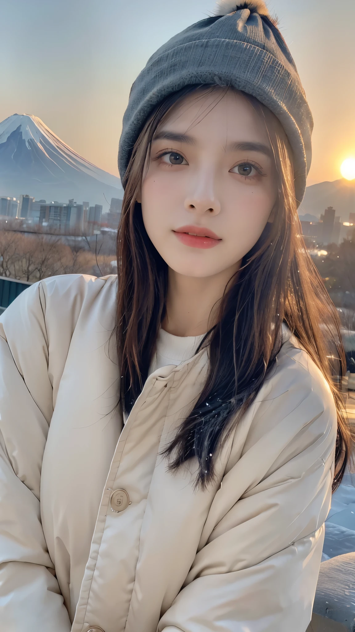 (highest quality,masterpiece:1.3,ultra high resolution),(Super detailed,caustics,8k),(photorealistic:1.4,RAW shooting),(sunset),(Backlight),(sunset sky),dusk,(snowfield),18-year-old,cute,Japanese,Black Hair Middle Hair,(look up a little),(open your mouth a little:1.1),smile,Scarf,down coat,side shot,Close-up shot from the waist up,low position,Low - Angle,Natural light