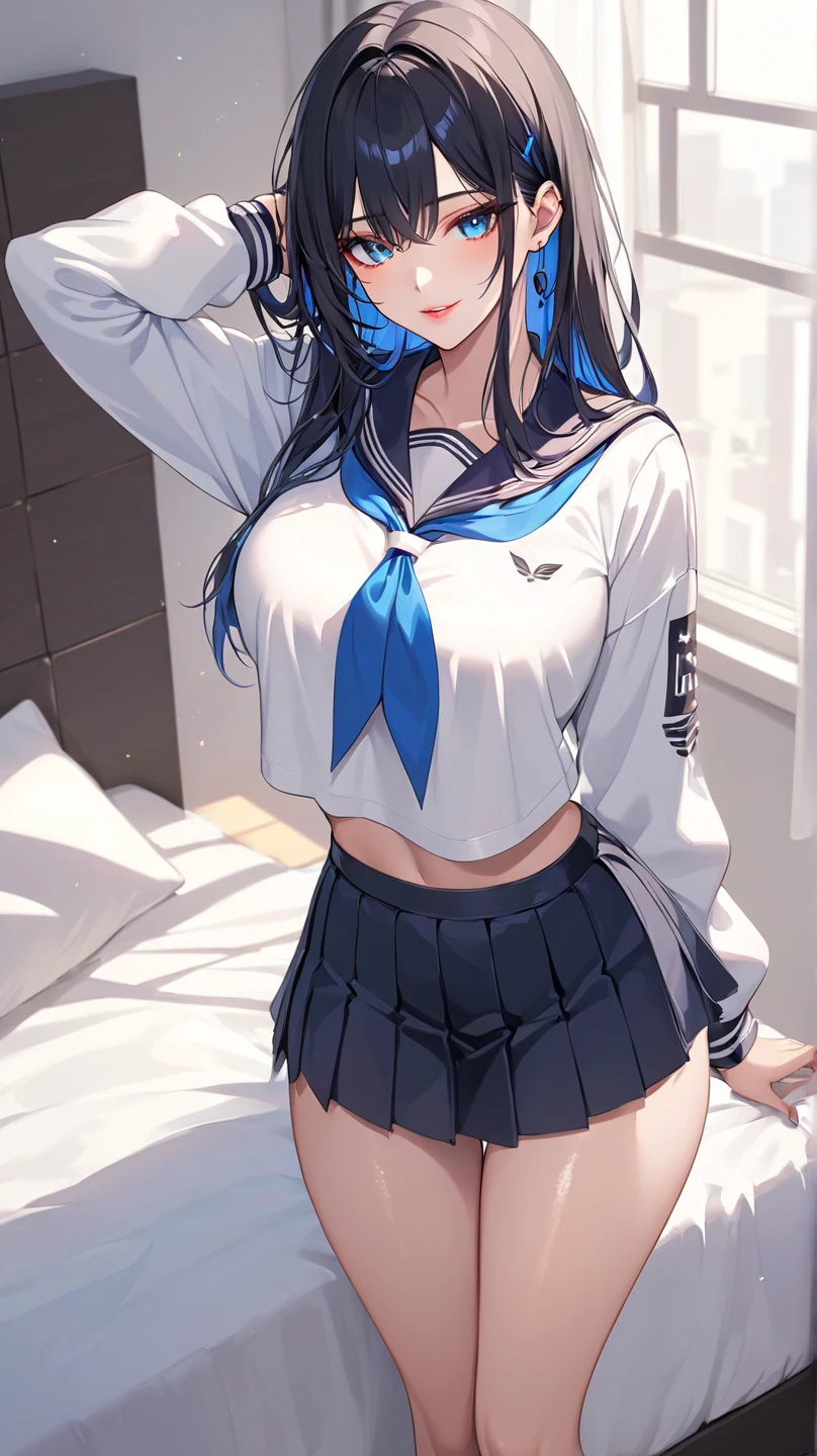 Beautiful illustration、top-quality、Cute s、Bedroom、A blue-haired、length hair、(((blue pleated skirt)))、(((blue sailor suit)))、shortsleeves、Colossal tits、a navel、Flipping up the skirt with your hands、Show white panties、Pull up your skirt and show your panties、bare-legged、red eyess、on the beds、lovely thighs、glowing thigh、floating hair、wind、skirt lift by myself、naughty face、open stance