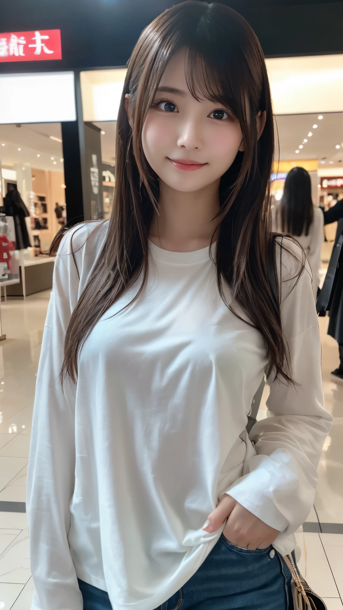 in 8K,Best Quality:1.4, 超A high resolution:1.5, (Photorealistic:1.4),​masterpiece:1.2,(top-quality:1.4)、 Raw photo、(the background is blurred), aquariums、FULL BODYSHOT:1.5、 1日本人の女の子, Cute, (Solo), (Shy smile), Smooth skin、(30-years old:1.4)、to stand、Check miniskirt、Cute mini skirt、 (Brown medium hair,Bangs), (touch hair:1.4)、nogizaka、cute little、Supple fingertips,Beautiful black eyes、natural skin textures:1.3, realistic eyes and face details:1.7、middlebreasts、gazing at viewer、beauty legs、autumnal、long-sleeve、fish tank、fish swimming、Large sink
