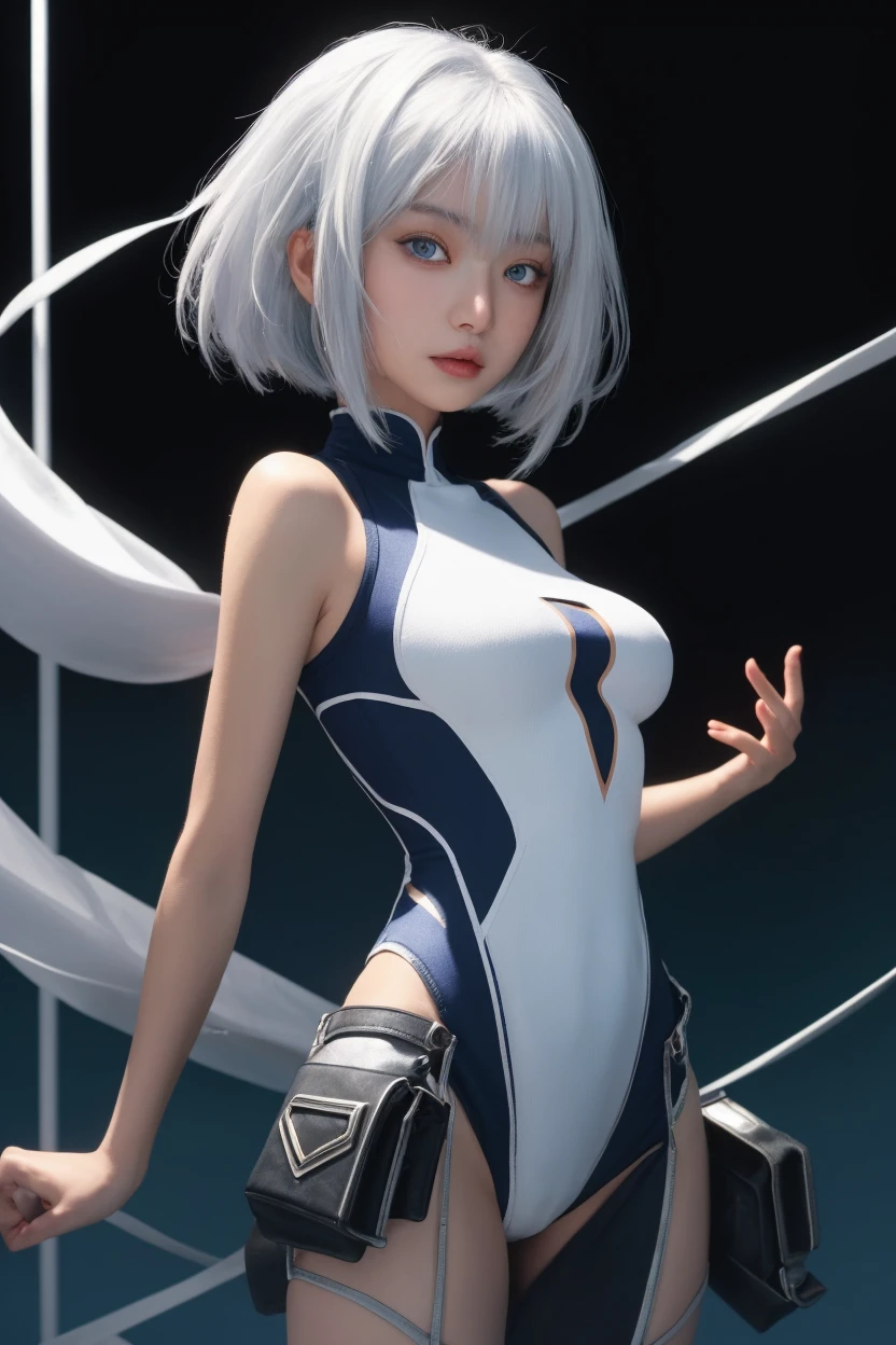 Best, Masterpiece, High Resolution, Best Quality, Ultra HD, Super Detail, Award-Limited, 16k, (Upper Body), Anatomically Correct, Beautiful Maiden, Gray Hair, Hair, ((Heterochromia)), Hanging Eye Corners, Fair Skin, (Small), (Slim Body), ((pilot_suit)), Stud Earrings, (Neck Rings), (Very, Very Short Short Glove)