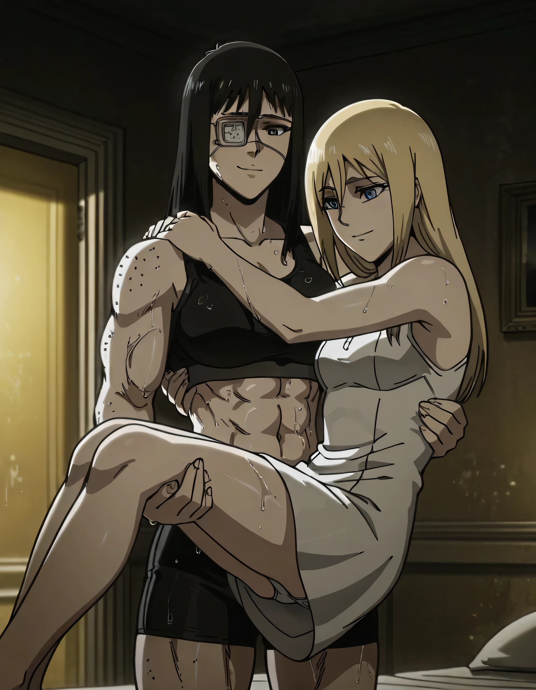 2girl,solo,mm,mature female,black hair,eyepatch, Valmet brown eyes, Valmet medium breasts,anime coloring,long hair, Valmet muscular,Valmet wearing a black sports bra and black tight sport shorts ,cowboy shot, ,masterpiece,best quality,amazing quality, Valmet pelvis muscles, Valmet muscles lines,Valmet with beautiful historia having a long blonde hair,historia reiss,historia soft body,lesbians,yuri, historia shorter than valmet,Valmet carrying historia in princess carry,historia back front Valmet,Valmet her arms Around Historia stomach,Valmet and historia light smile,,light trun off in room,Valmet ×historia,Valmet light smile,Irisviel white dress sleeveless,in night,wets,too wet,yellow light in room,dark room,historia hair between eyes,historia blue eyes,historia girl,bulge between valmet legs indicates she have a penis inside shorts,Valmet have a penis,historia short drees, historia white underwear appear