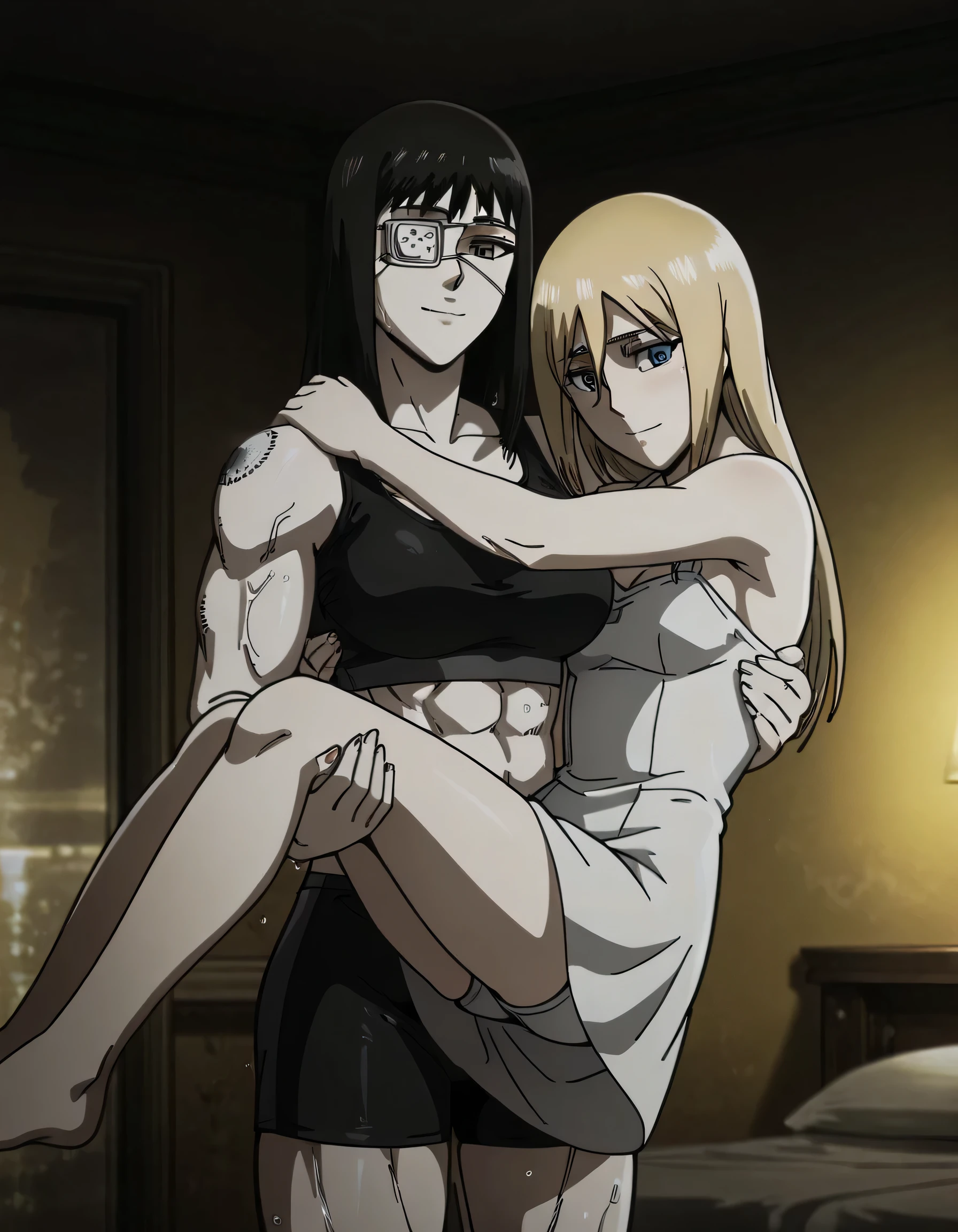 2girl,solo,mm,mature female,black hair,eyepatch, Valmet brown eyes, Valmet medium breasts,anime coloring,long hair, Valmet muscular,Valmet wearing a black sports bra and black tight sport shorts ,cowboy shot, ,masterpiece,best quality,amazing quality, Valmet pelvis muscles, Valmet muscles lines,Valmet with beautiful historia having a long blonde hair,historia reiss,historia soft body,lesbians,yuri, historia shorter than valmet,Valmet carrying historia in princess carry,historia back front Valmet,Valmet her arms Around Historia stomach,Valmet and historia light smile,,light trun off in room,Valmet ×historia,Valmet light smile,Irisviel white dress sleeveless,in night,wets,too wet,yellow light in room,dark room,historia hair between eyes,historia blue eyes,historia girl,bulge between valmet legs indicates she have a penis inside shorts,Valmet have a penis,historia short drees, historia white underwear appear
