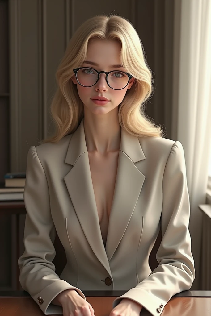 Girl with blond hair and thin black lenses in elegant suit sitting