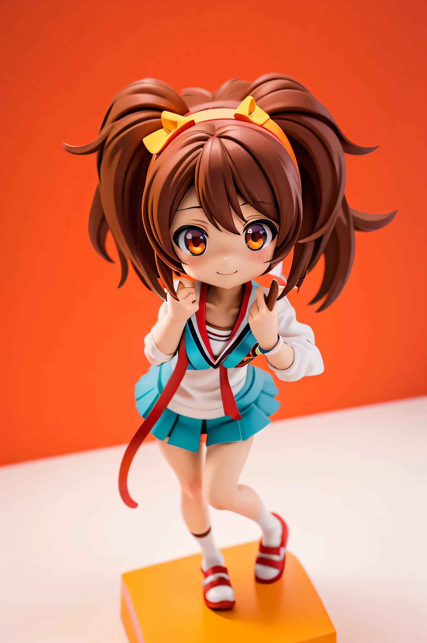 Haruhi Suzumiya, mini character, Red Eyes, , Transformed character, Haruhi Suzumiya, 3D model, full body, looking at the camera, smiling, simple background, masterpiece, high precision, realistic photo, ultra high quality, 4 heads, green background, bird's eye view,