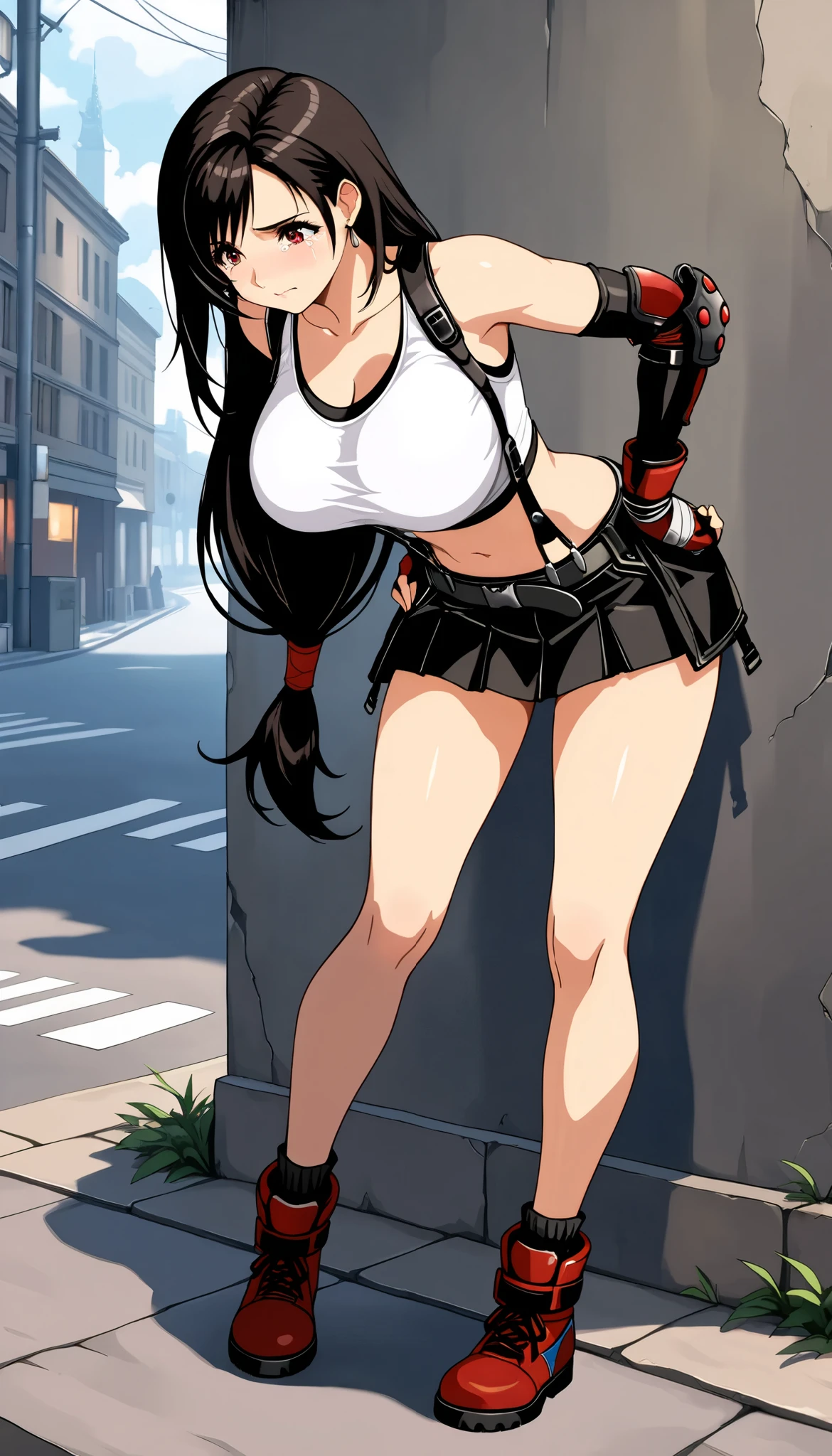 , ( Masterpiece),( top quality),(( GREAT QUALITY:1.2)),, official style ,{Tifa_ Lockhart,FF7},break 1girl, Tifa・ Lockhart, ファイナルファンタジーのTifa,( beautiful). black hair, long hair tied low , Red Eyes, bangs, white tank top standing on the street, belt, pleated skirt , thigh length , Put elbow fingerless gloves, elbow pads , (abdomen,belly button:0.9) suspender skirt shoes. Absolute Cool ,,(big_Chest:1.2), (Tears:1.2),,break , standing, hands on hips , opposite, v overeye , lean forward