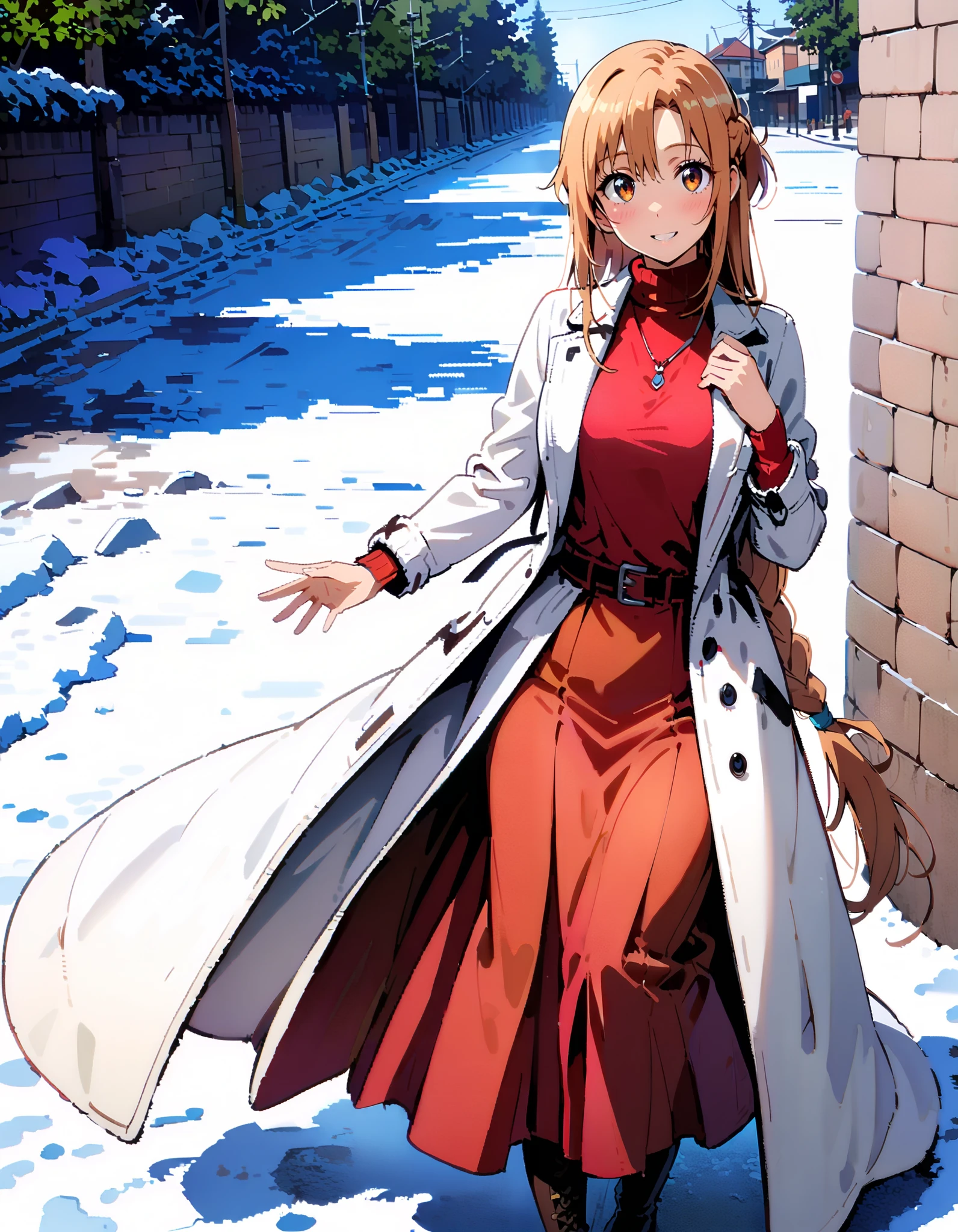 Asuna Yuki , bangs,Alone, braided, Hair, brown eyes,single braided,Medium breast,smile,blush, open their mouths, red scarf,White Down Coat , ( sweater :1.2),( turtleneck:1.2), long skirt , boots, standing,snow,whole bodyがイラストに入るように, break looking at viewer,whole body, break outdoors, Around town, break ( Masterpiece:1.2), top quality , kampala,unity 8k wallpaper,(shape:0.8),( fine, beautiful eyes :1.6),It's a person ,whole body写真,CG Details , ( perfect hand, complete anatomy),
