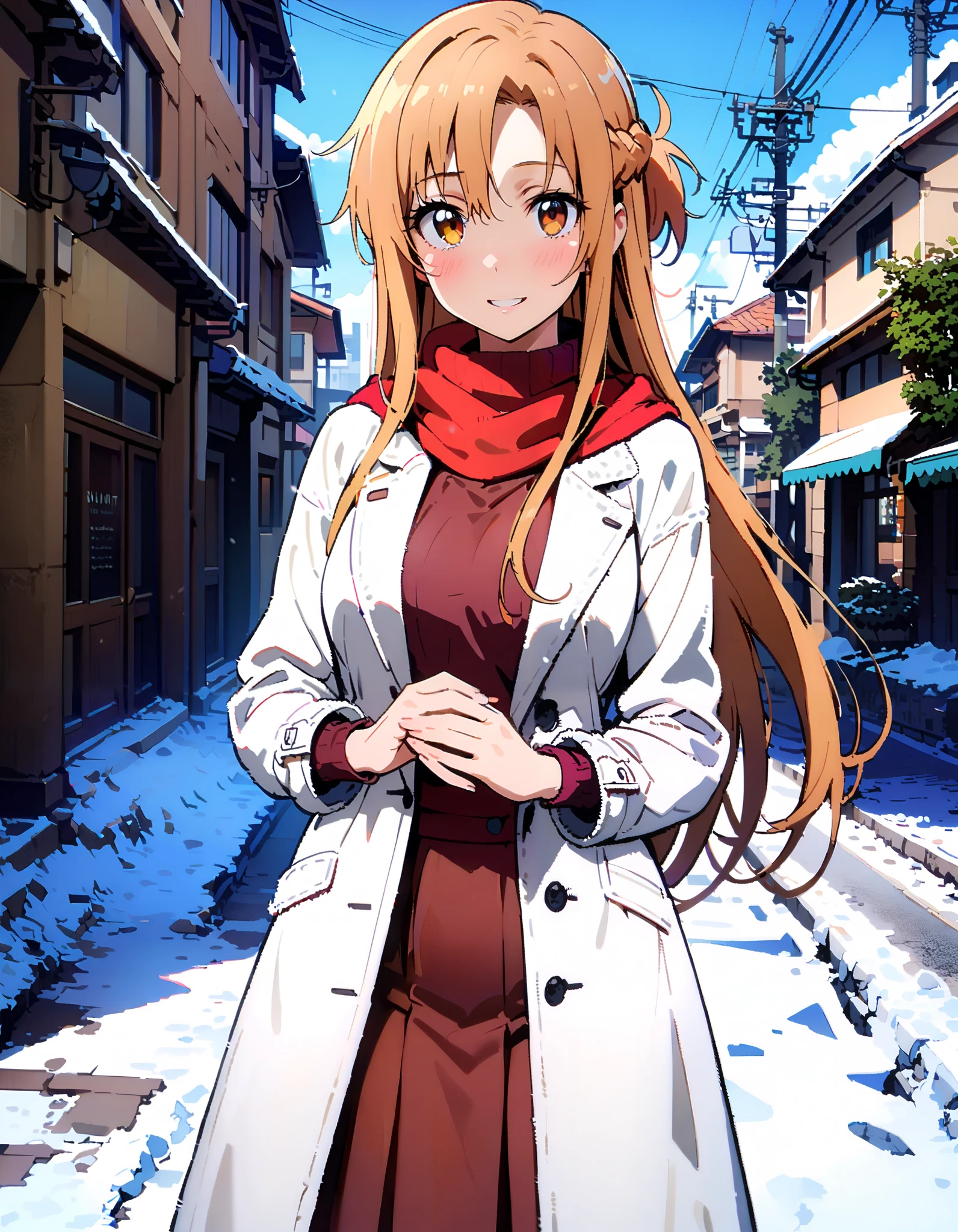 Asuna Yuki , bangs,Alone, braided, Hair, brown eyes,single braided,Medium breast,smile,blush, open their mouths, red scarf,White Down Coat , ( sweater :1.2),( turtleneck:1.2), long skirt , boots, standing,snow,whole bodyがイラストに入るように, break looking at viewer,whole body, break outdoors, Around town, break ( Masterpiece:1.2), top quality , kampala,unity 8k wallpaper,(shape:0.8),( fine, beautiful eyes :1.6),It's a person ,whole body写真,CG Details , ( perfect hand, complete anatomy),