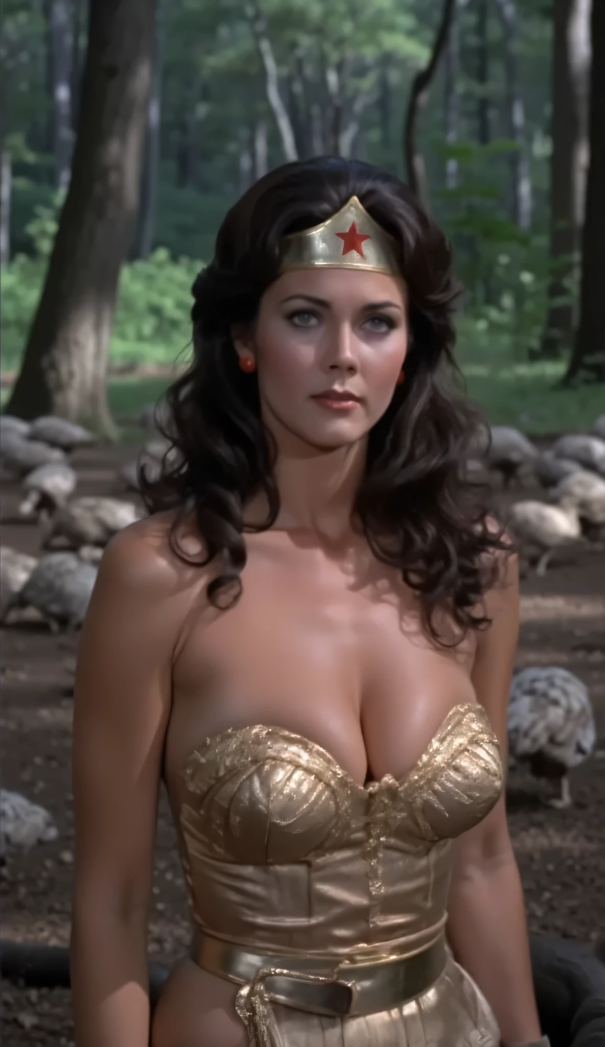  best quality, 1 Girl,  alone,   Wonder Woman  , breast,  and watch the viewer , whole body, Black Hair,   Brown Eyes ,   Black Forest Landscape Surrounded by Quails, (((Surrounded by unknown beasts)))， blurred background , ((( erotic scenes from the movie Emmanuelle 1974))), 