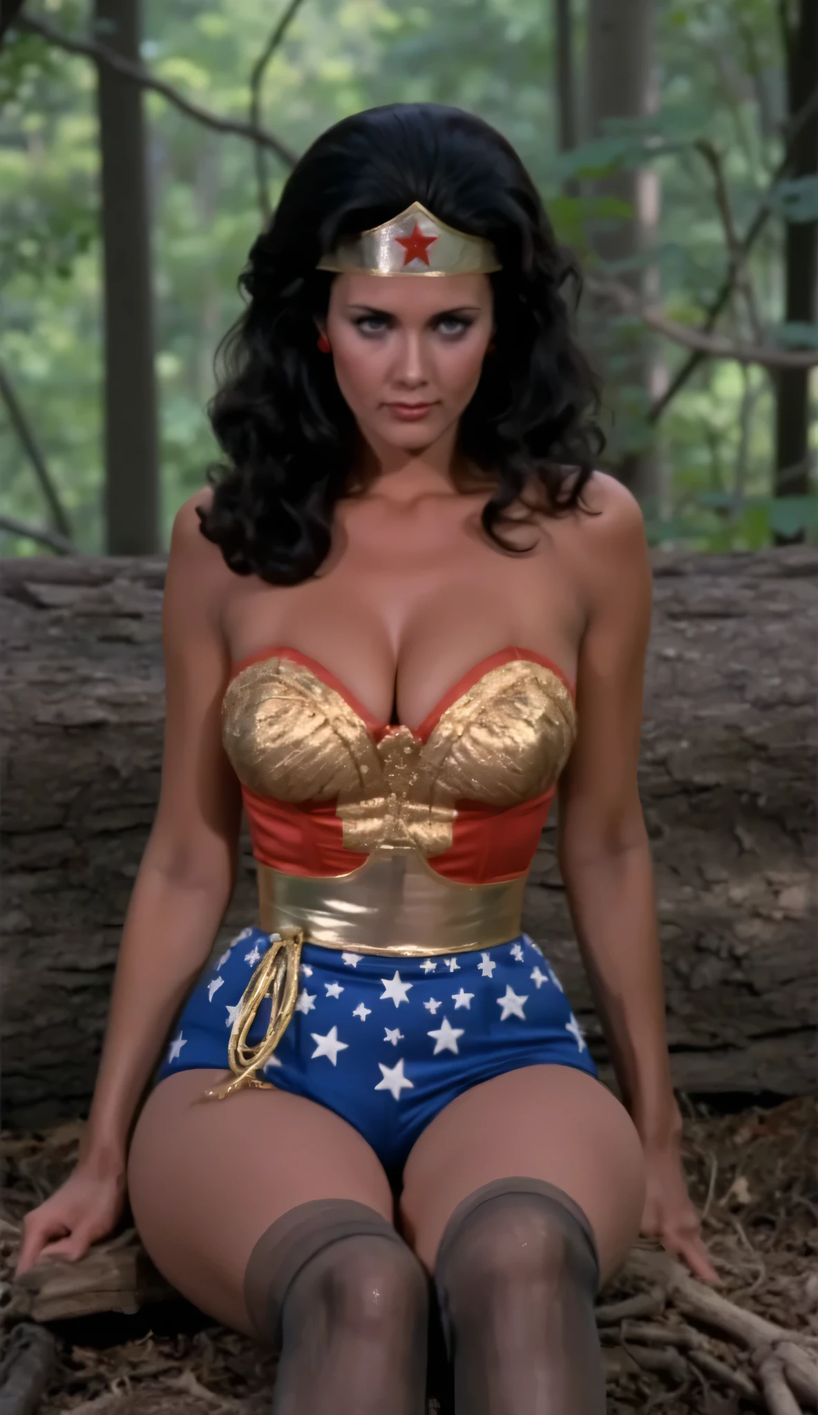  best quality, 1 Girl,  alone,   Wonder Woman  , breast,  and watch the viewer , whole body, Black Hair,   Brown Eyes ,   Black Forest Landscape Surrounded by Quails, (((Surrounded by unknown beasts)))， blurred background , ((( erotic scenes from the movie Emmanuelle 1974))), 