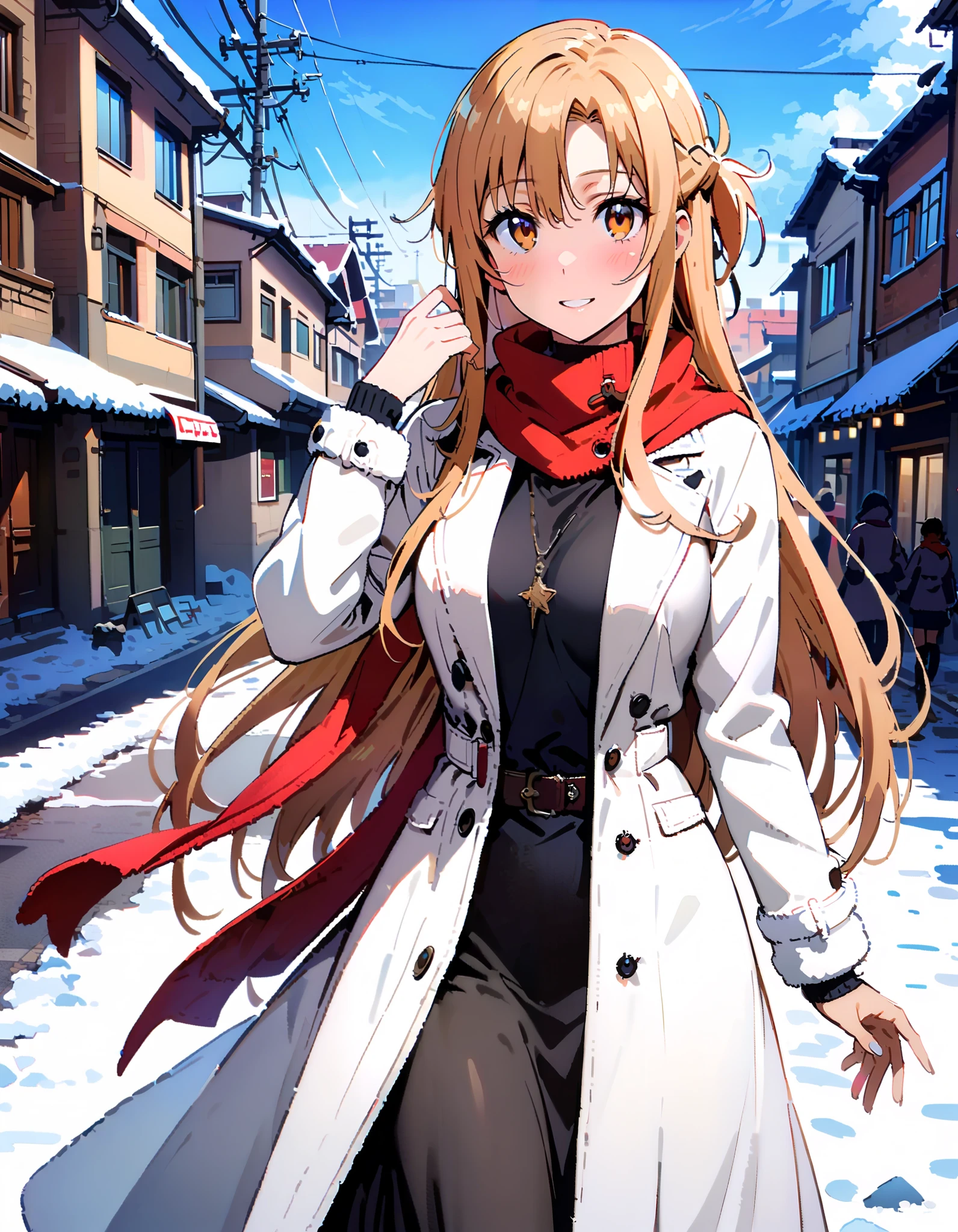Asuna Yuki , bangs,Alone,  braided, Hair,  brown eyes,single  braided,Medium breast,smile,blush, open their mouths, red scarf,White Down Coat , ( sweater :1.2),( turtleneck:1.2), long skirt ,  boots, standing,snow,whole bodyがイラストに入るように, break looking at viewer,whole body, break outdoors, Around town, break ( Masterpiece:1.2), top quality , kampala,unity 8k wallpaper,(shape:0.8),(  fine, beautiful eyes  :1.6),It's a person ,whole body写真,CG Details , ( perfect hand, complete anatomy),
