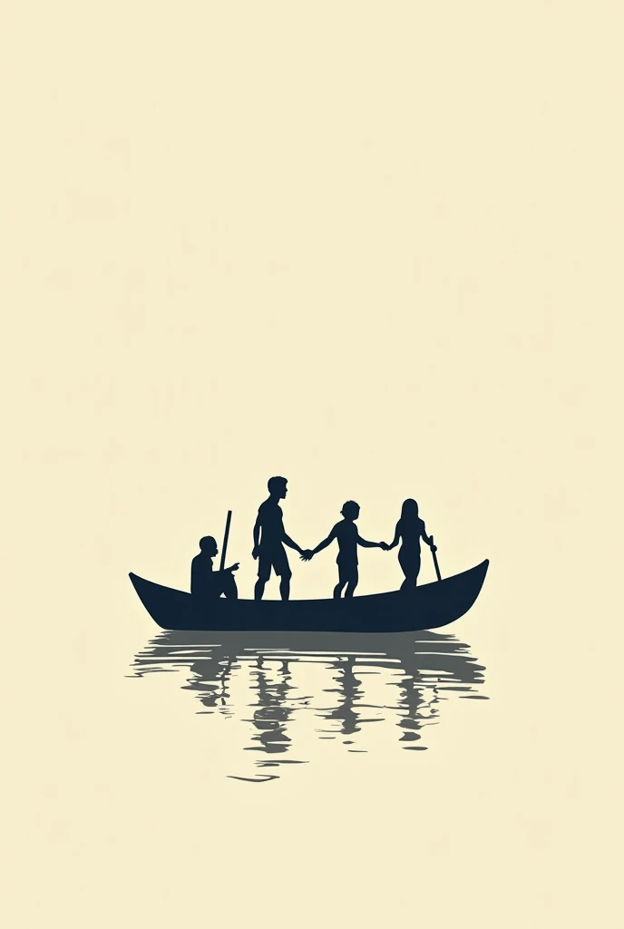 Draw a logo black and white, boat one boy and two girls against the sun