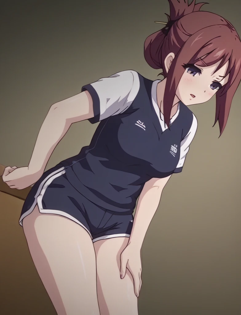 ((table top,highest quality,super detailed,8K)),Brown_hair,makise_kurisu,Are standing、alone,1 girl、perfect face,red_hair,purple_eye.(close_mouth),flat chest、(紺の袖mouthに白い半袖体操服)、((Navy high-leg bloomers))、(volleyball uniform)、(
barefoot)、dark blue socks、big smile、playground、sexy pose