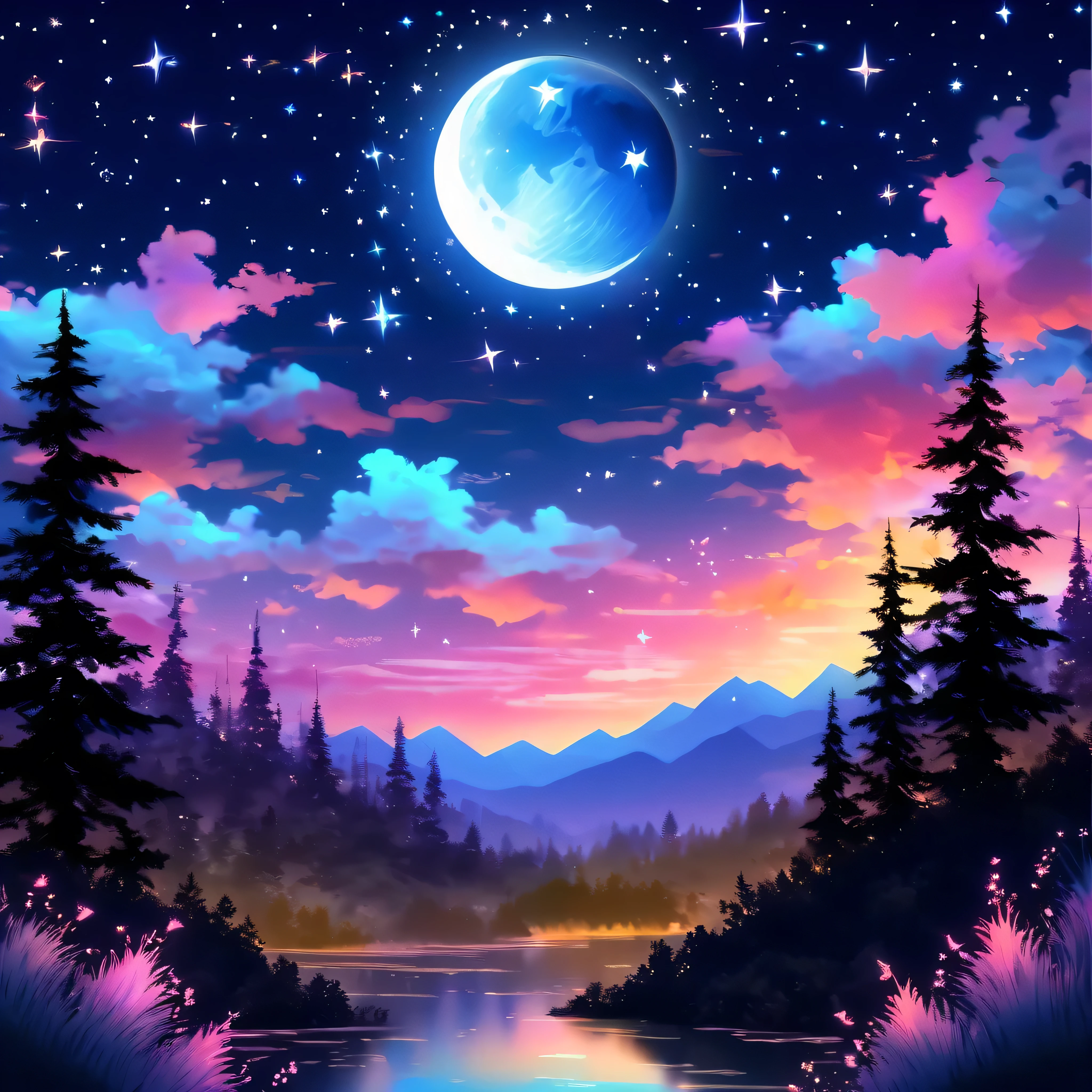 beautiful night sky , a moon, stars dancing , magic moonglow, magic, bright twilight