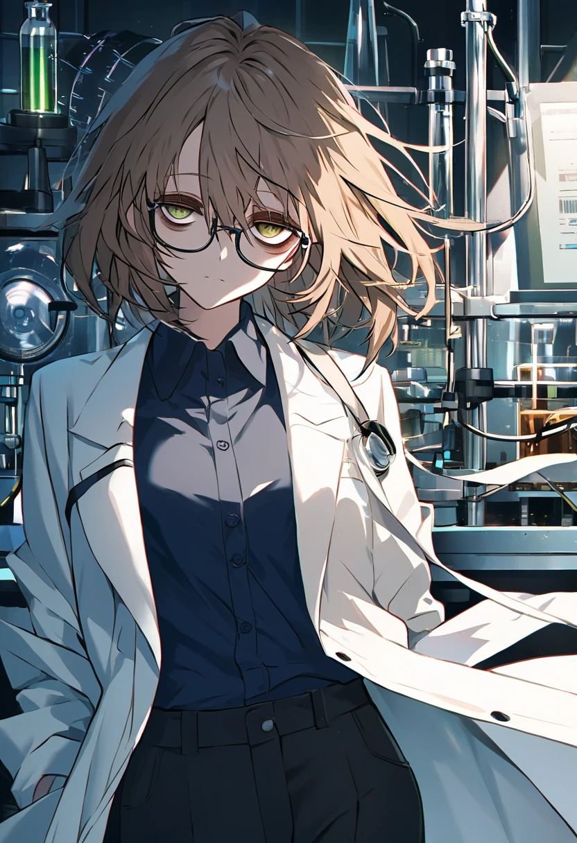 Female + hazel hair + hazel eyes + bags under eyes + glasses + lab coat + dark blue dress shirt + black trousers + solo + laboratory background 