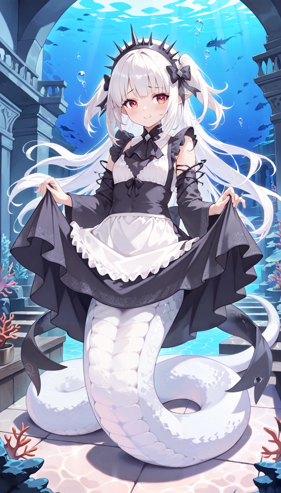 ( masterpiece), ( Best Quality ),( full five fingers), A-bao a qun - Shadows without light, Side Ponytail,1 Girl, alone, watched the audience , maid outfit,Full body picture, long white hair,headdress,Smile,shy,Lift up the skirt, are very beautiful,absurdres, latest, lamia, White Snake Tail,(Underwater:1.2),seabed