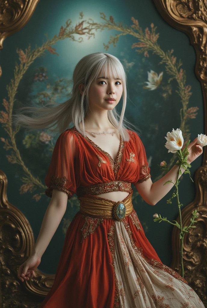 (Best Quality, 4K, 8K, High Definition, Masterpiece:1.2), (Ultra Detailed, Realistic, Photorealistic:1.37), a beautiful young woman with delicate facial features,flower crown,long elegant silver hair, blunt bangs, ornate jeweled headpiece,red silk dress,sitting in a lush garden,surrounded by colorful flowers,intricate background details,cinematic lighting,delicate brushstrokes,oil painting,highly detailed,dramatic,romantic,soft color palette,dreamlike atmosphere