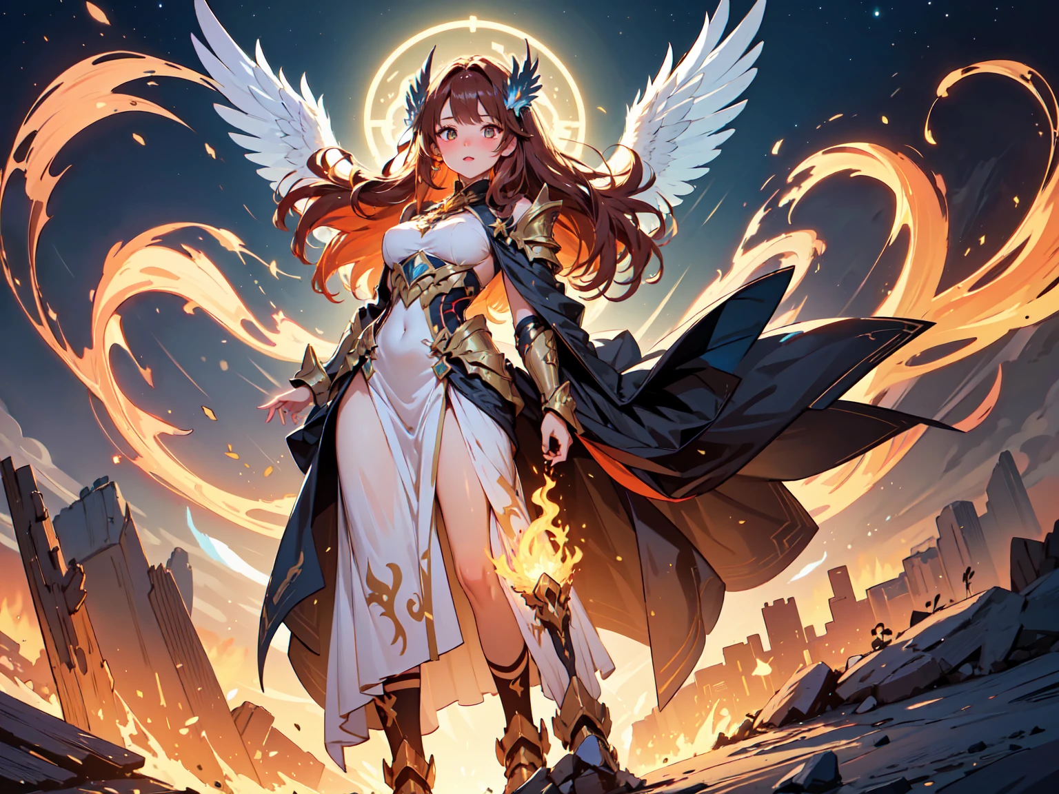 best quality)), ((masterpiece)), (detailed), Perfect body,Full body shot,Close-up of a woman wearing a golden costume with wings, Angel Gold Armor, majestic angel, angel knight girl, Final Fantasy Tactics Characters, mystical atlantean valkyrie, as a Mysterious Valkyrie, Blazing Angel, Maple Leaf Story Character Art, With blazing golden wings, Golden Wings, April renderings, Mysterious Valkyrie, Close-up of a woman wearing a golden costume with wings, Concept art inspired by PwC, pixiv, Baroque, Angel Gold Armor, majestic angel, angel knight girl, Final Fantasy Tactics Characters, mystical atlantean valkyrie, as a Mysterious Valkyrie, Blazing Angel, Maple Leaf Story Character Art, With blazing golden wings, Golden Wings, Battle with orcs,Photographic lenses,Ultra wide-angle lens,First person,
