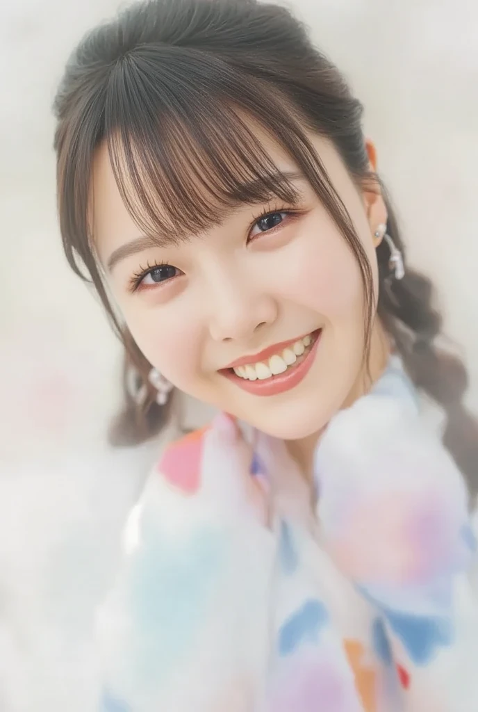 A ten-year-old girl, girl, small loli,Gamine,Alone, sitting in front，ssmile（chineseidol, Pink and white princess dress, White panty hose ）（Bow hair ornament,）through bangs， white backgrounid, mid closeup,85mm Lenz, tmasterpiece, (An extremely delicate one), (Best quality),超高分辨率，HighDynamicRange,hyper HD,8K,Best quality,The content is very detailed,Focus sharp,physically-based renderingt,professional，Simple blue sky background，Photography with Leica M11