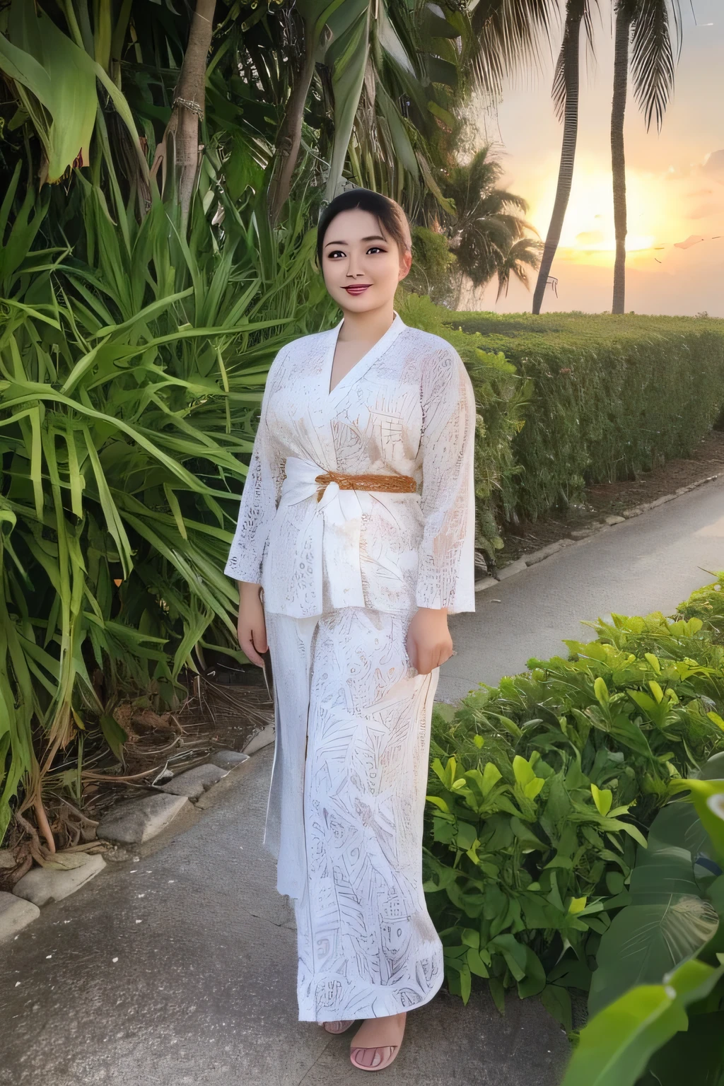 A beautiful Korean girl,slightly  fat,  dreadlocks hair,wearing white  batik kebaya and white batik bottoms medium, standing relaxed on the coconut trees, sunset.natural