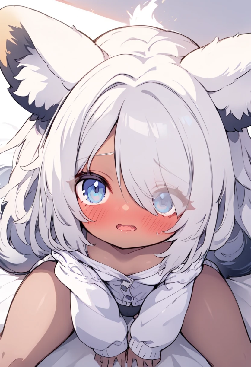 beautiful, masterpiece, Highest quality, anime, One girl, C Cup,Portrait Shot, View your viewers, Intricate details,>,((Covered、Short Hair、nearby、Blue Eyes、art、、White hair,Blue streaked hair、wallpaper、、hairpin、smile、Angel、Nipples、Thighs、Halo、Animal Ears、Wolf_tail、white_liquid、masturbation、touch pussy、silk_whiteニーハイ、On all fours
