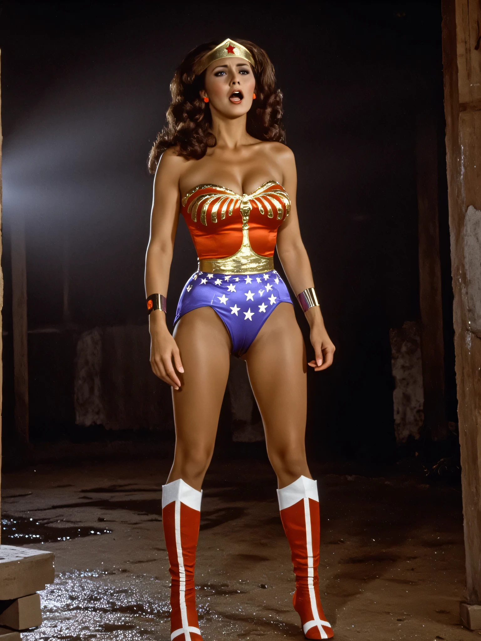 Lynda Carter as Wonder Woman, standing sexy, screaming in agony as her costumes destroyed and torn off her top total humiliation, wearing only satin bottoms, full bruised and beaten injured body photo, she surrenders in sexual defeat, having a complete body orgasm, dark wet concrete in hazy dripping wet dungeon, so beautiful and sexy as she is suffering, wet open mouth, sweaty skin, a vision of a beautiful victim, nsfw