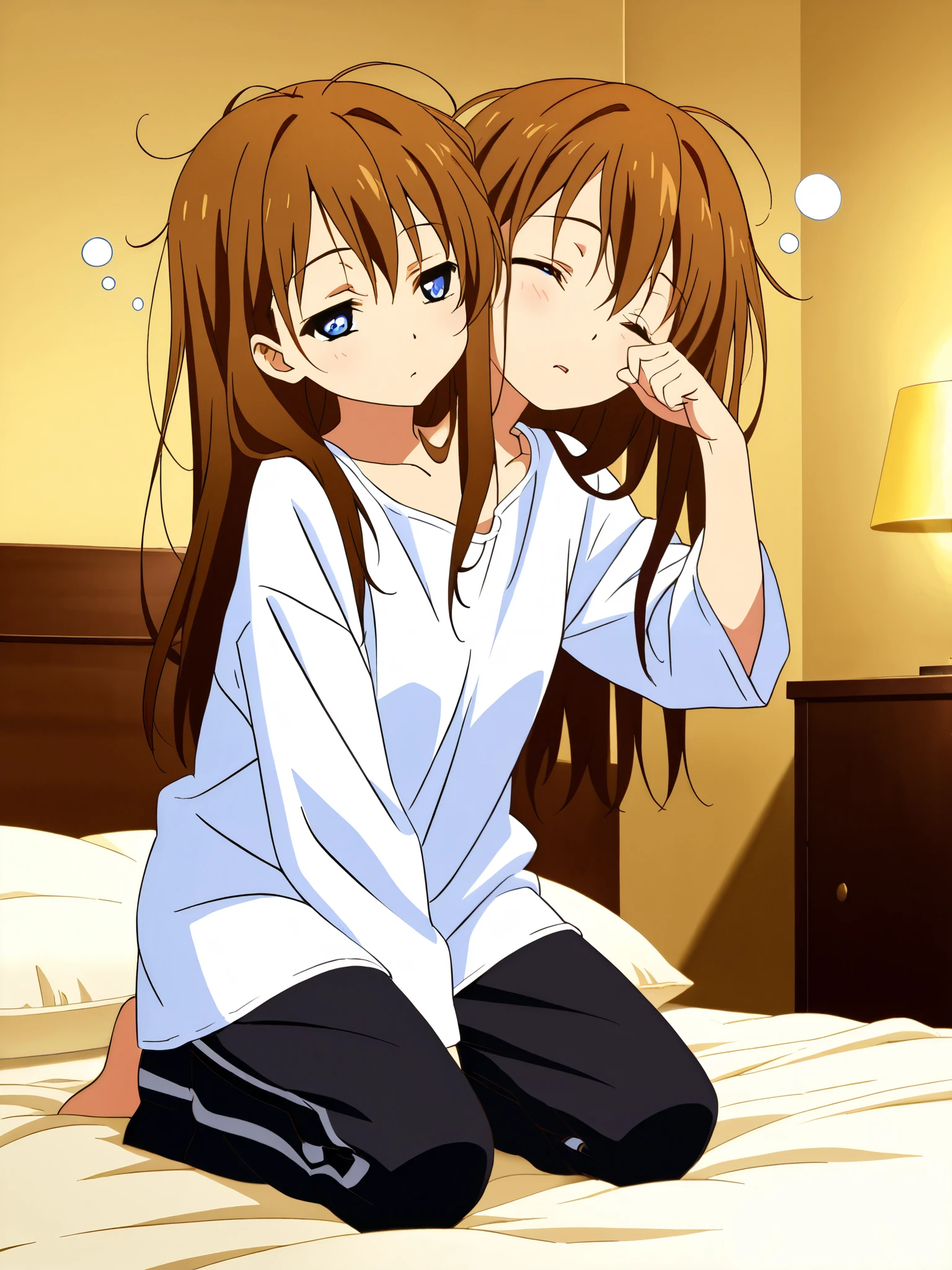 anime girl with two heads, long brown hair, rubbing eyes with one hand, eyes closed, blue eyes, sleepy, waking up, white pajama shirt, black pajama pants, kneeling on a hotel bed, early morning
