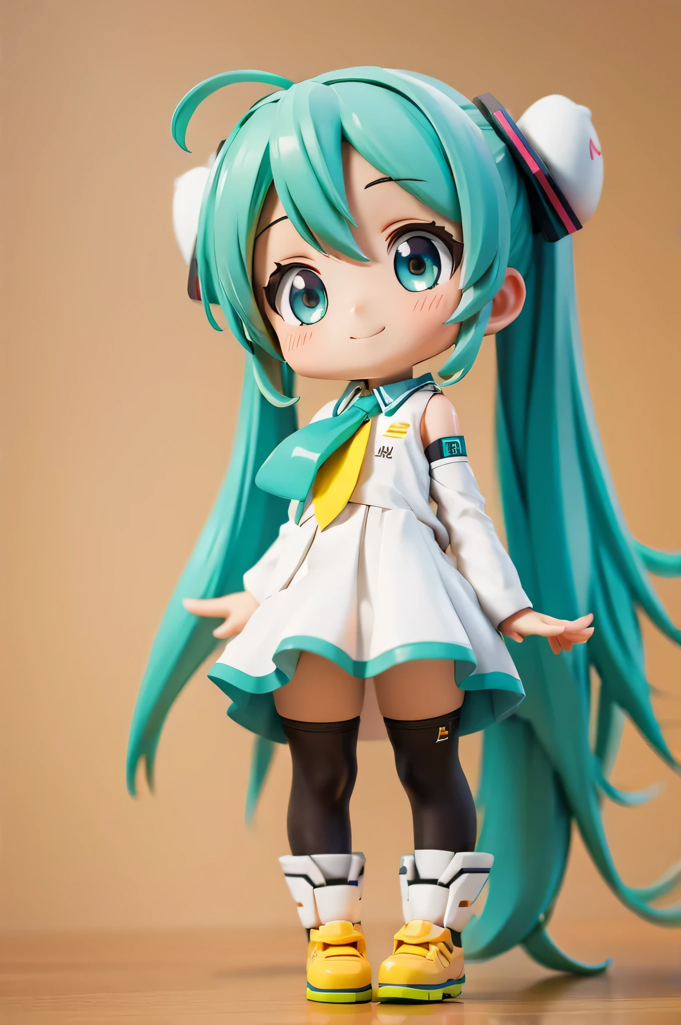 Hatsune Miku, mini character, deformed character, 3D model, full body, looking at the camera, smiling, simple background, masterpiece, high precision, realistic photo, ultra-high quality, 4 heads, green screen, bird's-eye view,