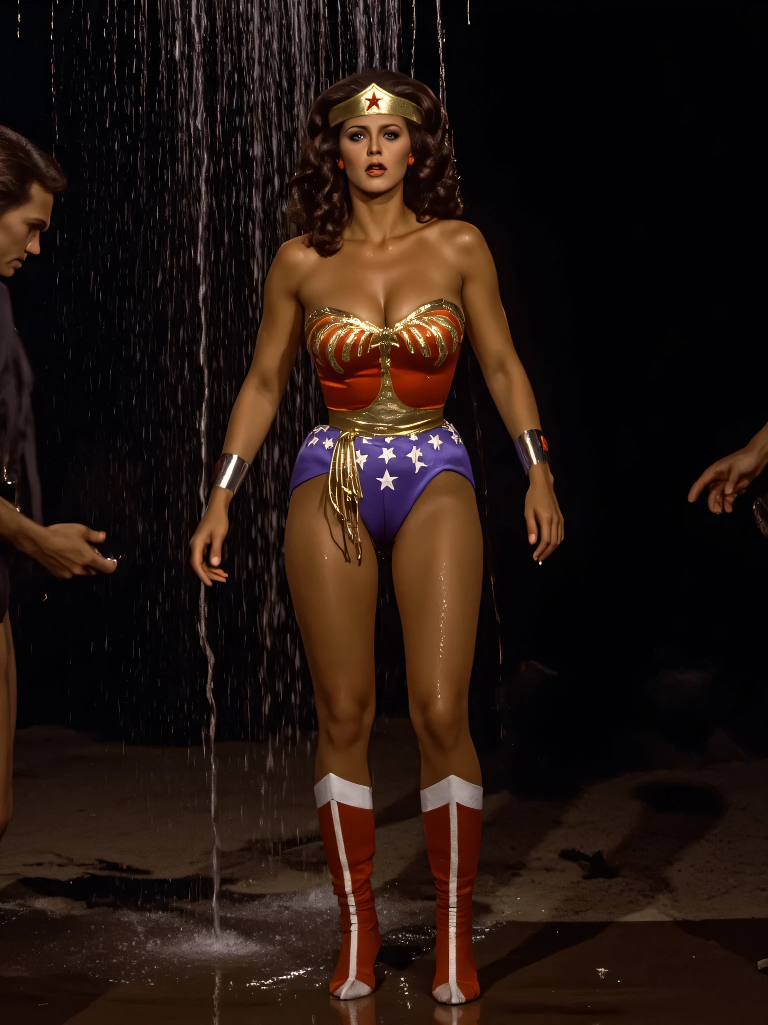 Lynda Carter as Wonder Woman, very dark hazy scene from a pornographic movie, shocking defeat and humiliation, she is captured and tortured, her naked breasts and hard pokie wet nipples are being teased and licked, water is pouring down around her, bare forhead, her skin is dripping wet and shiny reflective with water, her top is wrinkled under her chest, she is hurt and powerless, standing weak legs and feet on top of dark wet concrete in hazy dripping wet dungeon, so beautiful and sexy as she is suffering, wet open mouth, sweaty skin, a vision of a beautiful victim, nsfw