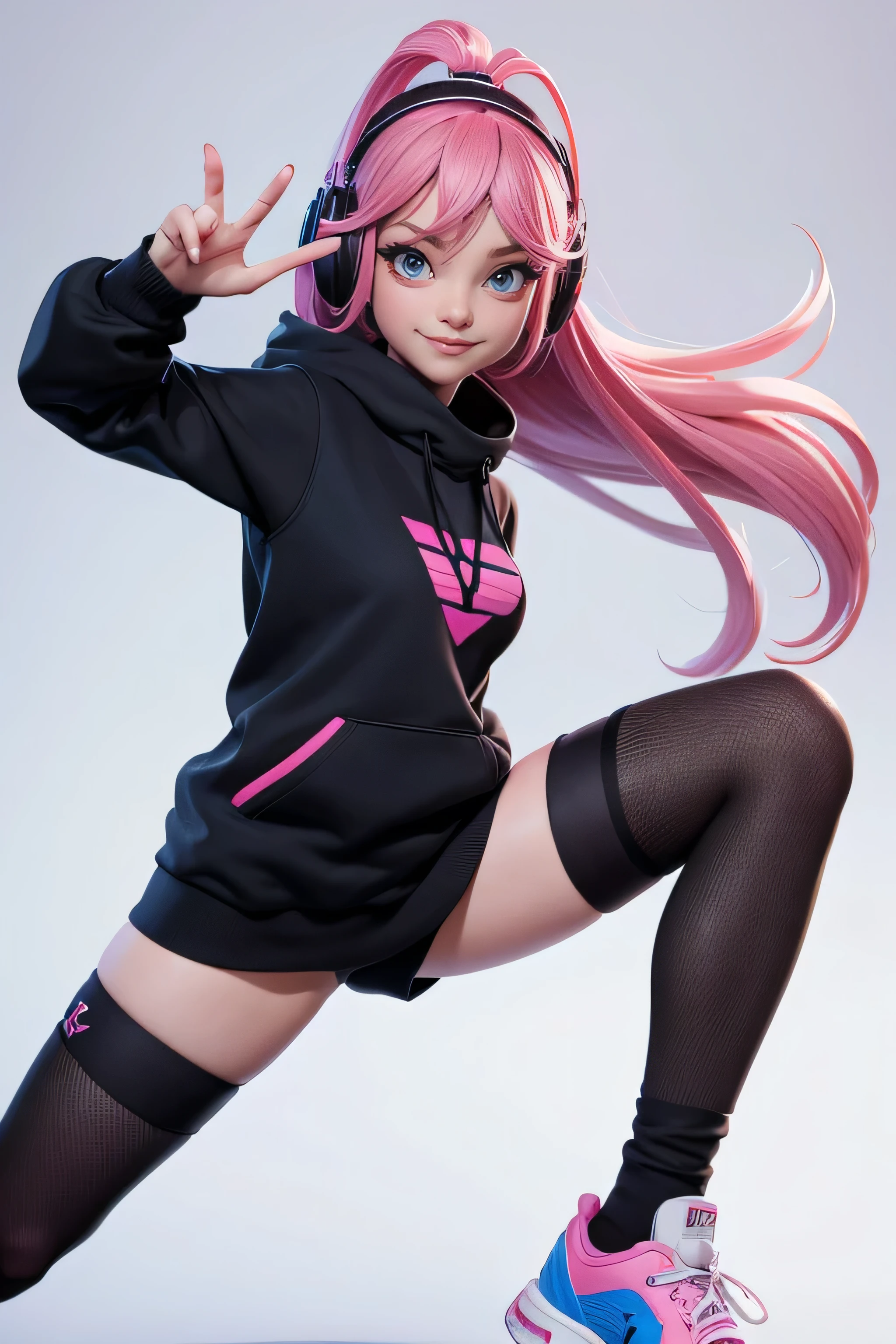 Mona pink haired girl, blue eyes , smile, dynamic pose, looking at the spectator, hair band, black sweatshirt, AuriculAres, black socks , sneakers, cyberpunk, masterpiece , super detail, lyrics, plain white background , without patterns, No textures.