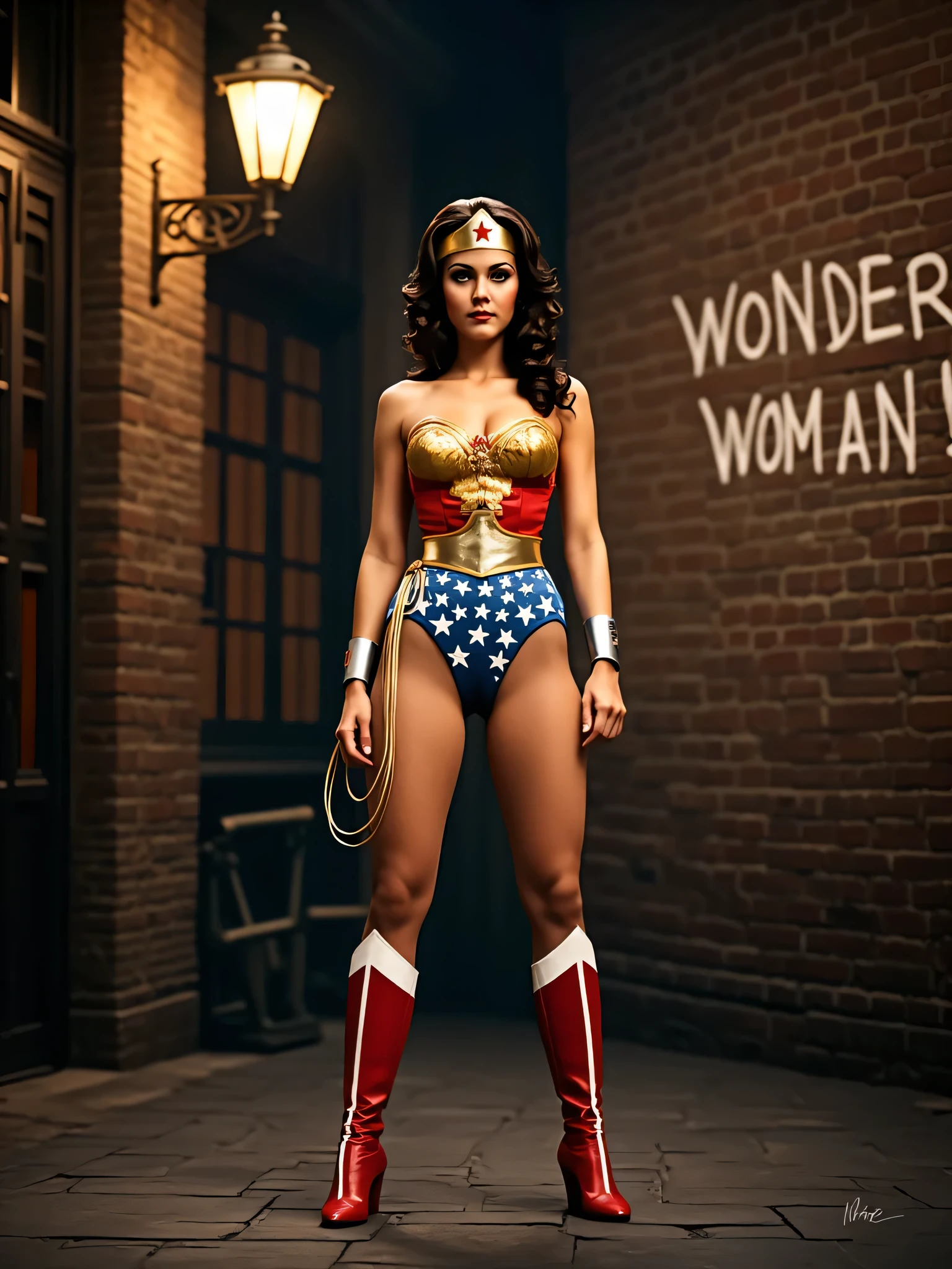   Wonder Woman standing in the old street in 1920，Behind her is a wall . The whole body is clearly visible .  There's one on the wall that says   " Wonder Woman !"