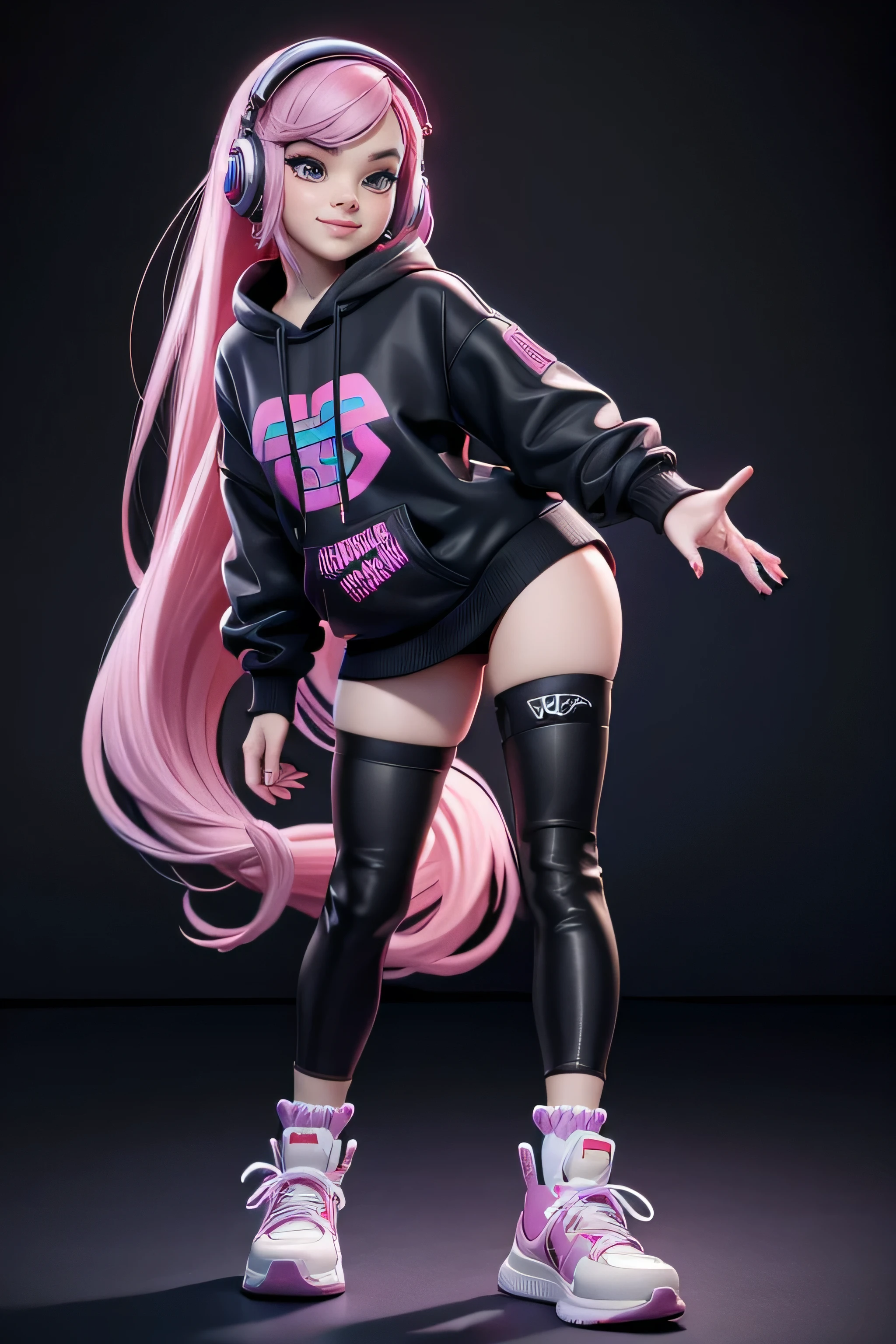 Mona pink haired girl, blue eyes , smile, dynamic pose, looking at the spectator, hair band, black sweatshirt, AuriculAres, black socks , sneakers, cyberpunk, masterpiece , super detail, lyrics, plain white background , without patterns, No textures.