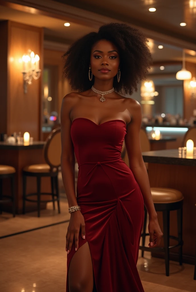 A selfie of a very attractive brown skin  woman ((perfect brown skin)) wearing a high-quality ((highly detailed velvet gown)) an ((avant garde dress in red))  she is very beautiful with a petite figure, ((big brown eyes)) lifelike skjn texture ((detailed pupils)) a perfect face shape, ((Hyper-realistic))) ((detailed skin)) she has blonde white hair  in the style of ((brown girls with blonde hair)), she is standing in a luxury gold design venue, happy face ((warm smile)) UHD, RAW photo, 8K, a Masterpiece ((ines))