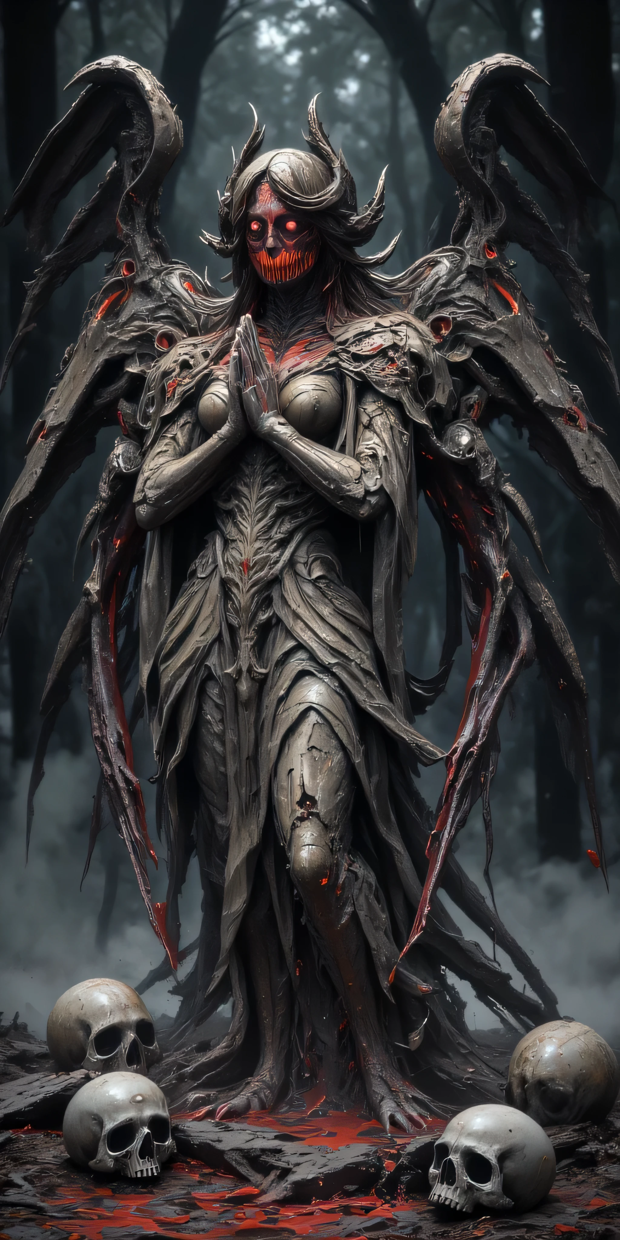 stone statue of a beautiful goddess praying with her hands folded and her beautiful large wings outstretched, with a lot of red liquid flowing from her eyes, horror mood.deep dark forest with no lights at all, black mist, surrounded by tattered skulls